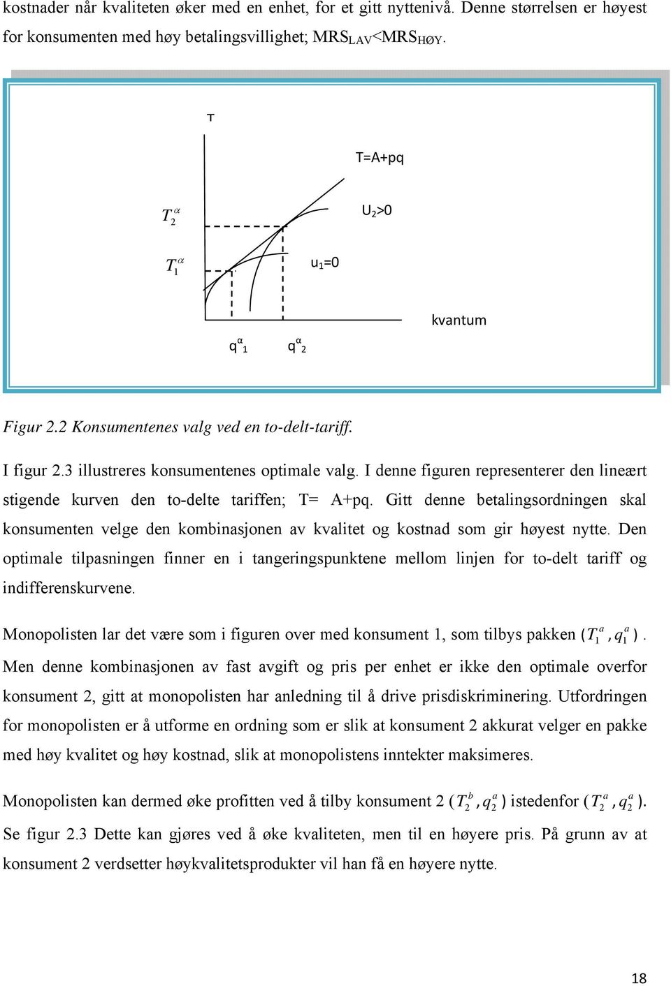 I denne figuren representerer den lineært stigende kurven den to-delte tariffen; T= A+pq.