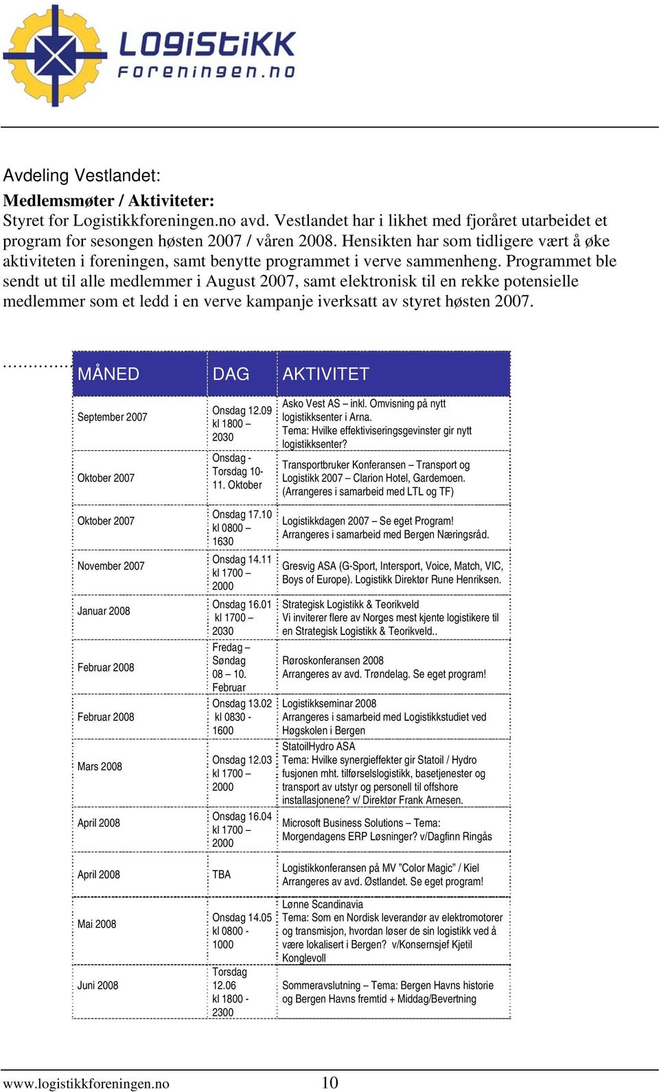 Programmet ble sendt ut til alle medlemmer i August 2007, samt elektronisk til en rekke potensielle medlemmer som et ledd i en verve kampanje iverksatt av styret høsten 2007.