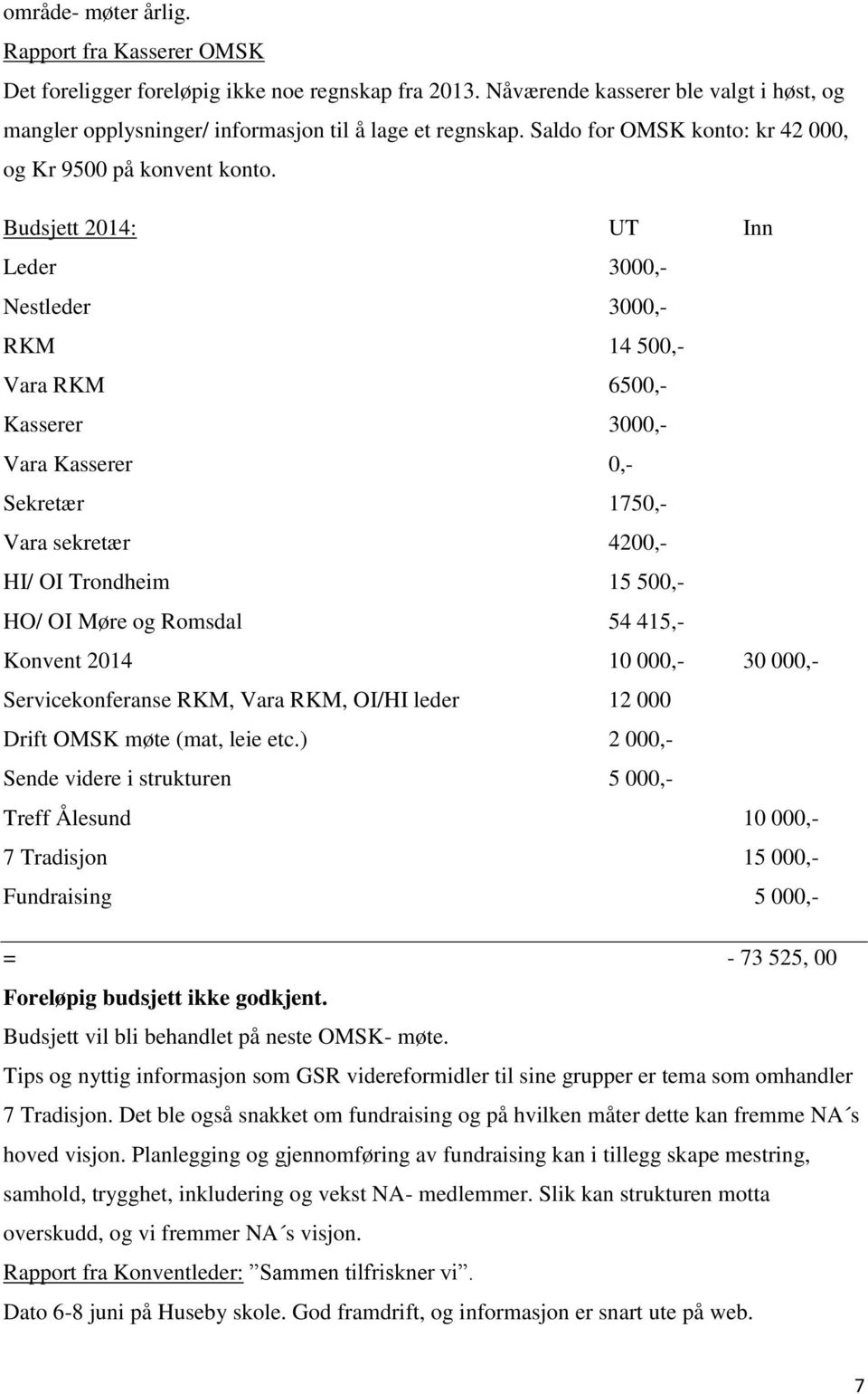 Budsjett 2014: UT Inn Leder 3000,- Nestleder 3000,- RKM 14 500,- Vara RKM 6500,- Kasserer 3000,- Vara Kasserer 0,- Sekretær 1750,- Vara sekretær 4200,- HI/ OI Trondheim 15 500,- HO/ OI Møre og