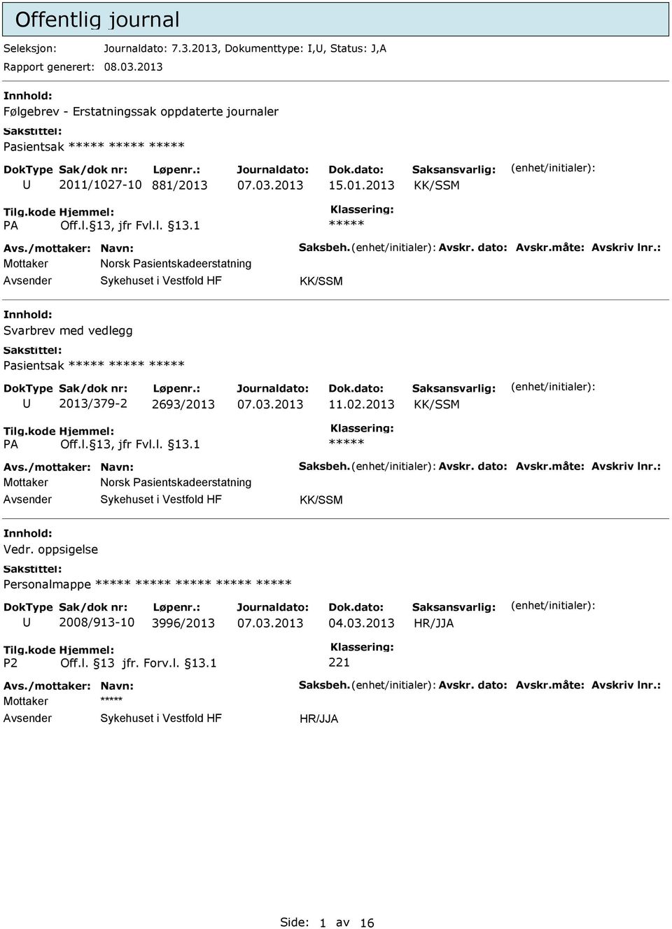 måte: Avskriv lnr.: Mottaker Norsk Pasientskadeerstatning KK/SSM Svarbrev med vedlegg Pasientsak 2013/379-2 2693/2013 11.02.2013 KK/SSM Avs.