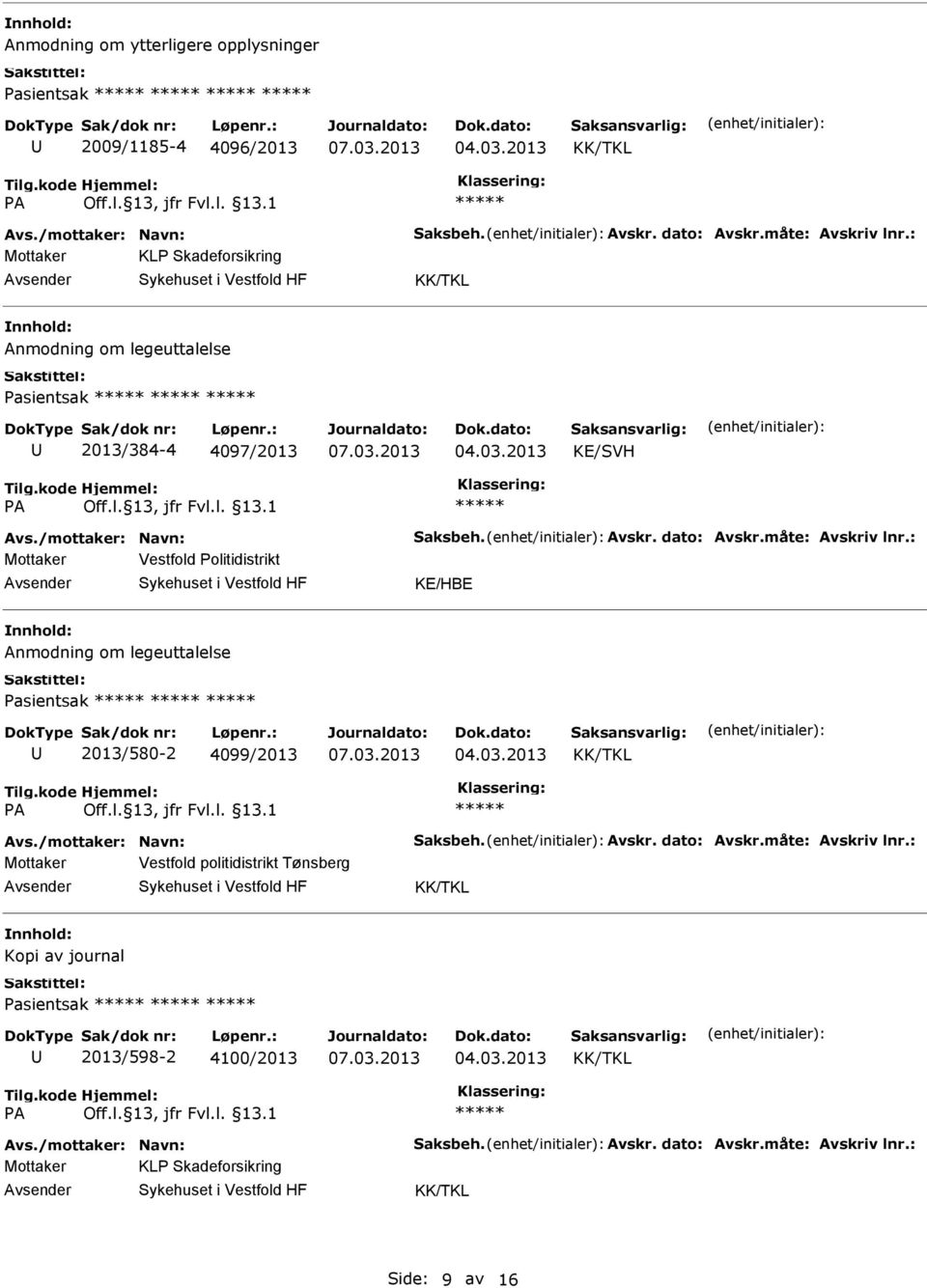 : Mottaker Vestfold Politidistrikt KE/HBE Anmodning om legeuttalelse Pasientsak 2013/580-2 4099/2013 Avs./mottaker: Navn: Saksbeh. Avskr. dato: Avskr.måte: Avskriv lnr.