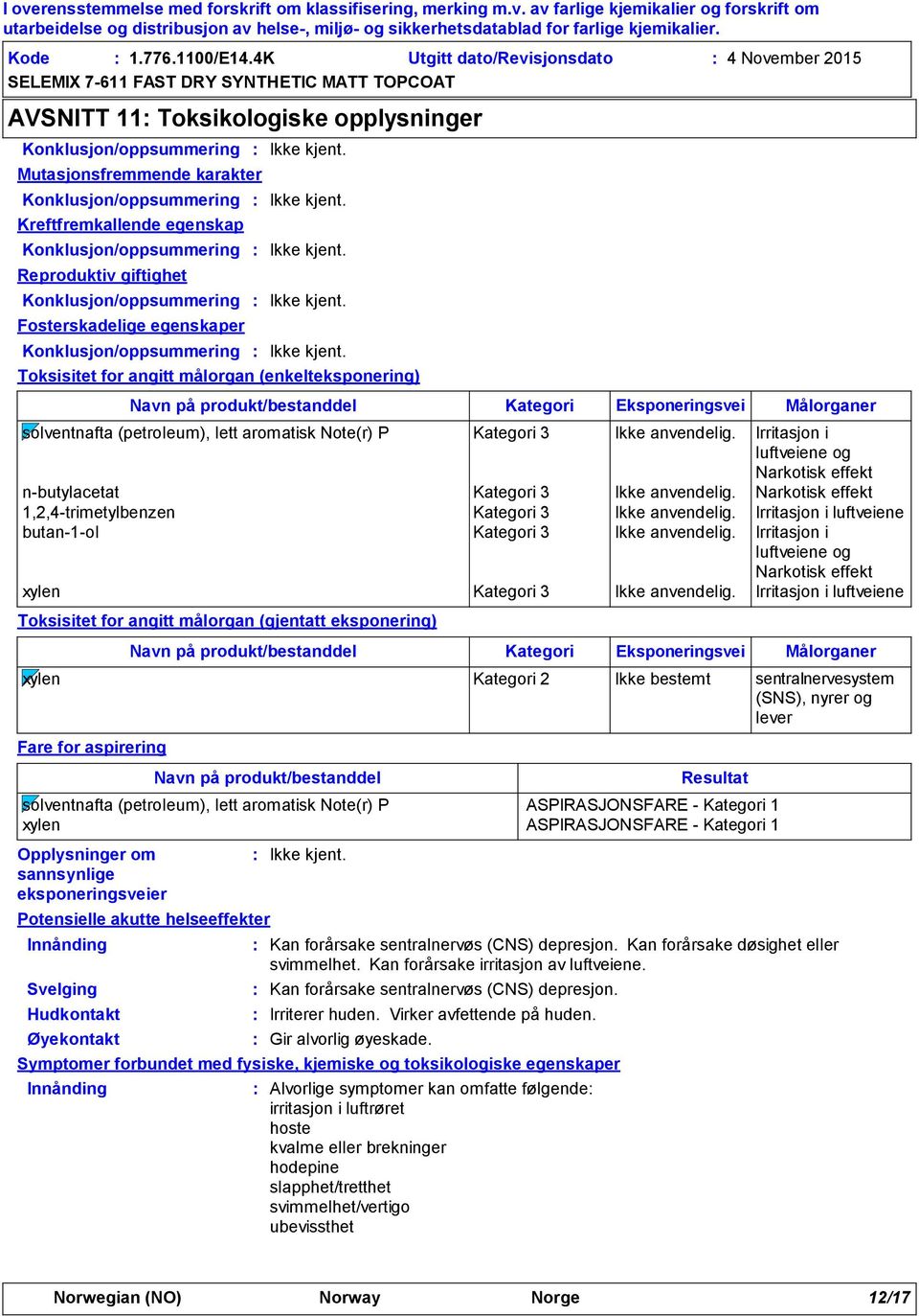 Konklusjon/oppsummering Reproduktiv giftighet Konklusjon/oppsummering Fosterskadelige egenskaper Konklusjon/oppsummering Toksisitet for angitt målorgan (enkelteksponering) Toksisitet for angitt