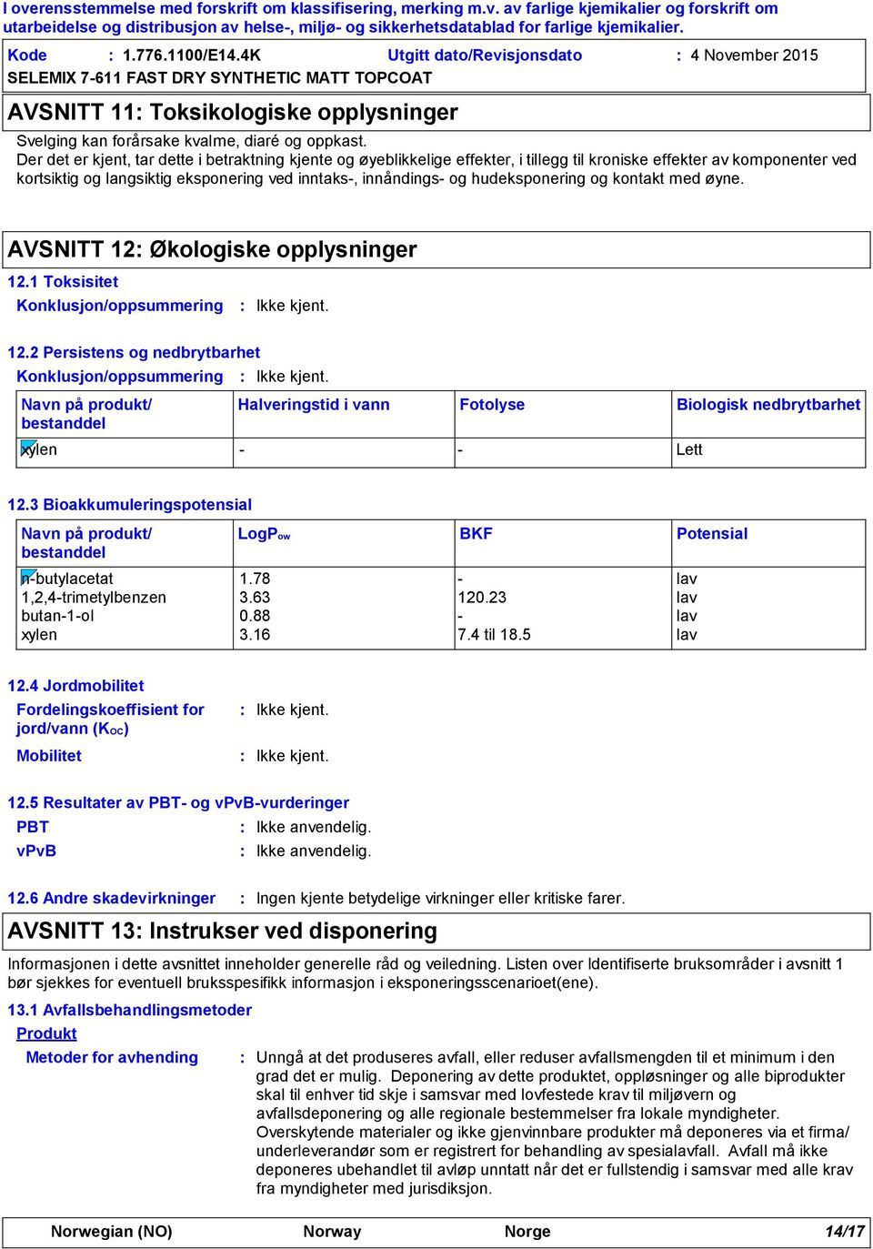 hudeksponering og kontakt med øyne. AVSNITT 12 Økologiske opplysninger 12.1 Toksisitet Konklusjon/oppsummering 12.