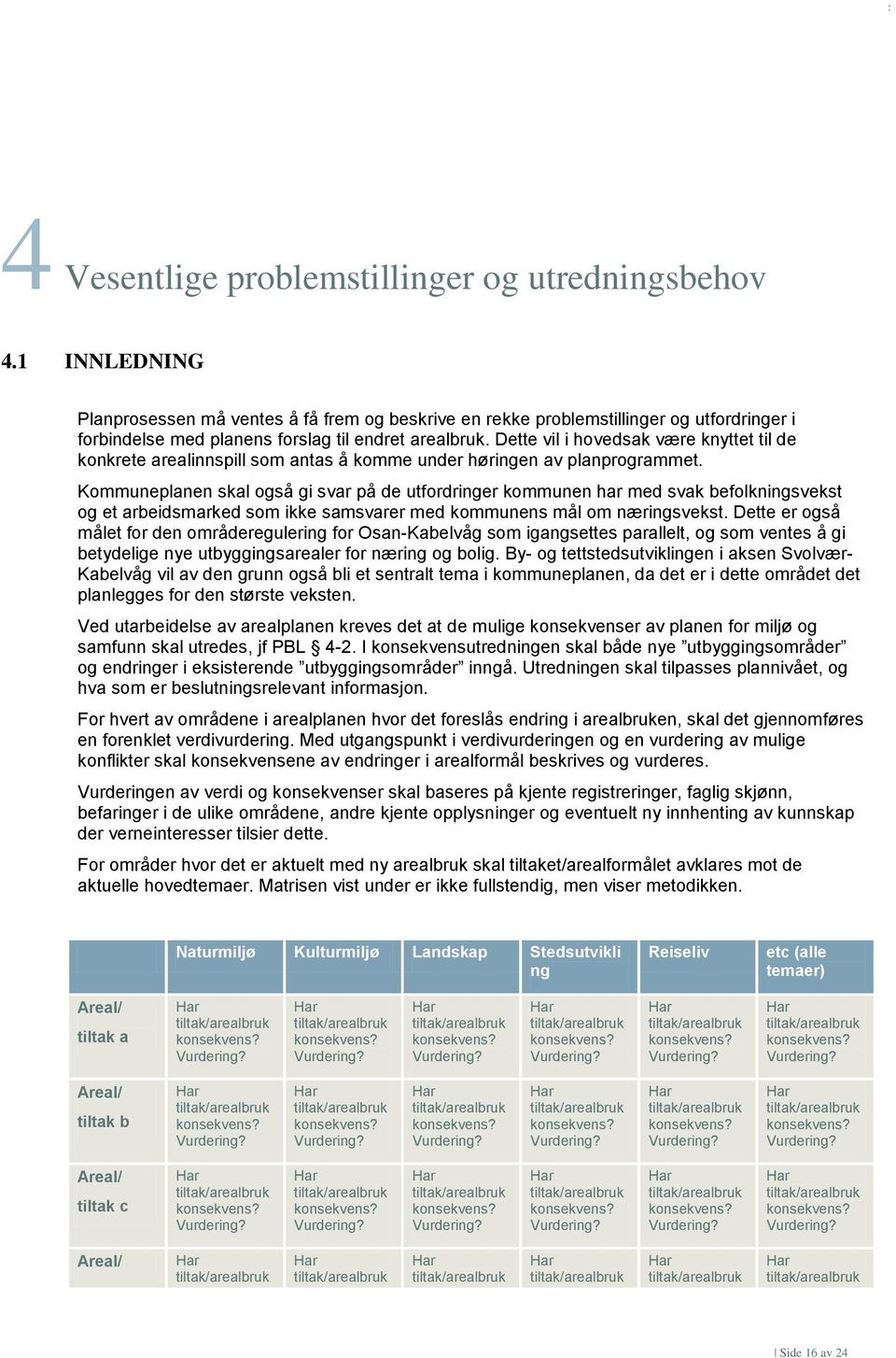 Dette vil i hovedsak være knyttet til de konkrete arealinnspill som antas å komme under høringen av planprogrammet.