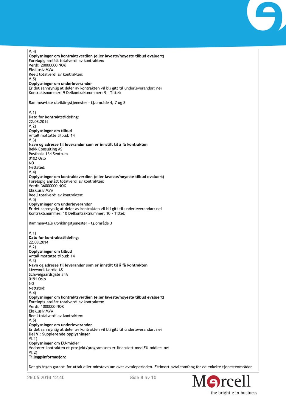 utviklingstjenester - tj.område 3 Livework Nordic AS Schweigaardsgate 34A 0191 Oslo Verdi: 1000000 K Del VI: Supplerende opplysninger VI.