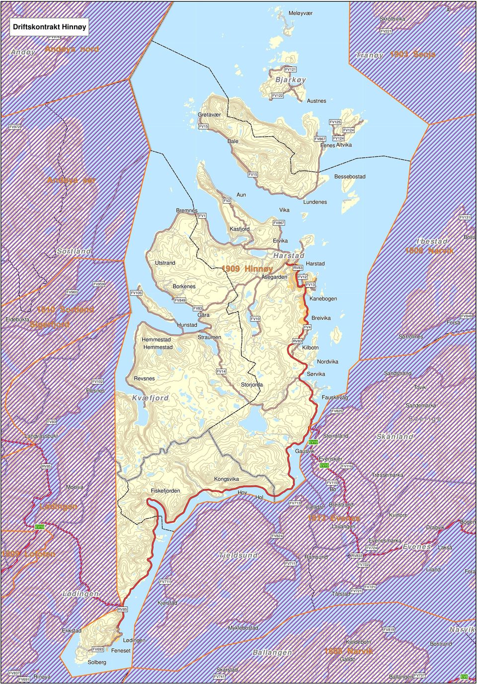 FV848 Forså FV4 Sørrones Straumen Hemmestad Hemmestad RV83 Kibotn ordvika FV14 Storjorda Fesnes Sandstrand Sørvika Revsnes FV102 Tovik Kvæfjord Fauskevåg Sandemarka FV825 FV83 Langvassbukt Skånand