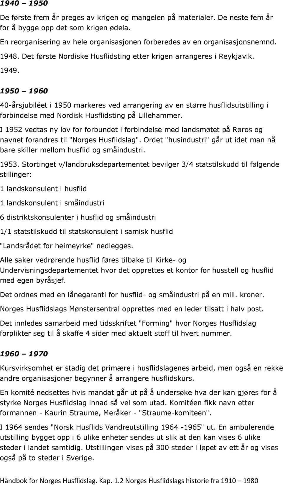 1950 1960 40-årsjubiléet i 1950 markeres ved arrangering av en større husflidsutstilling i forbindelse med Nordisk Husflidsting på Lillehammer.