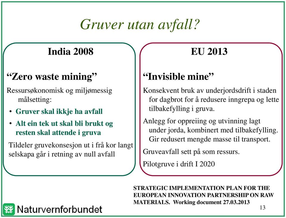 gruvekonsesjon ut i frå kor langt selskapa går i retning av null avfall EU 2013 Invisible mine Konsekvent bruk av underjordsdrift i staden for dagbrot for å redusere inngrepa