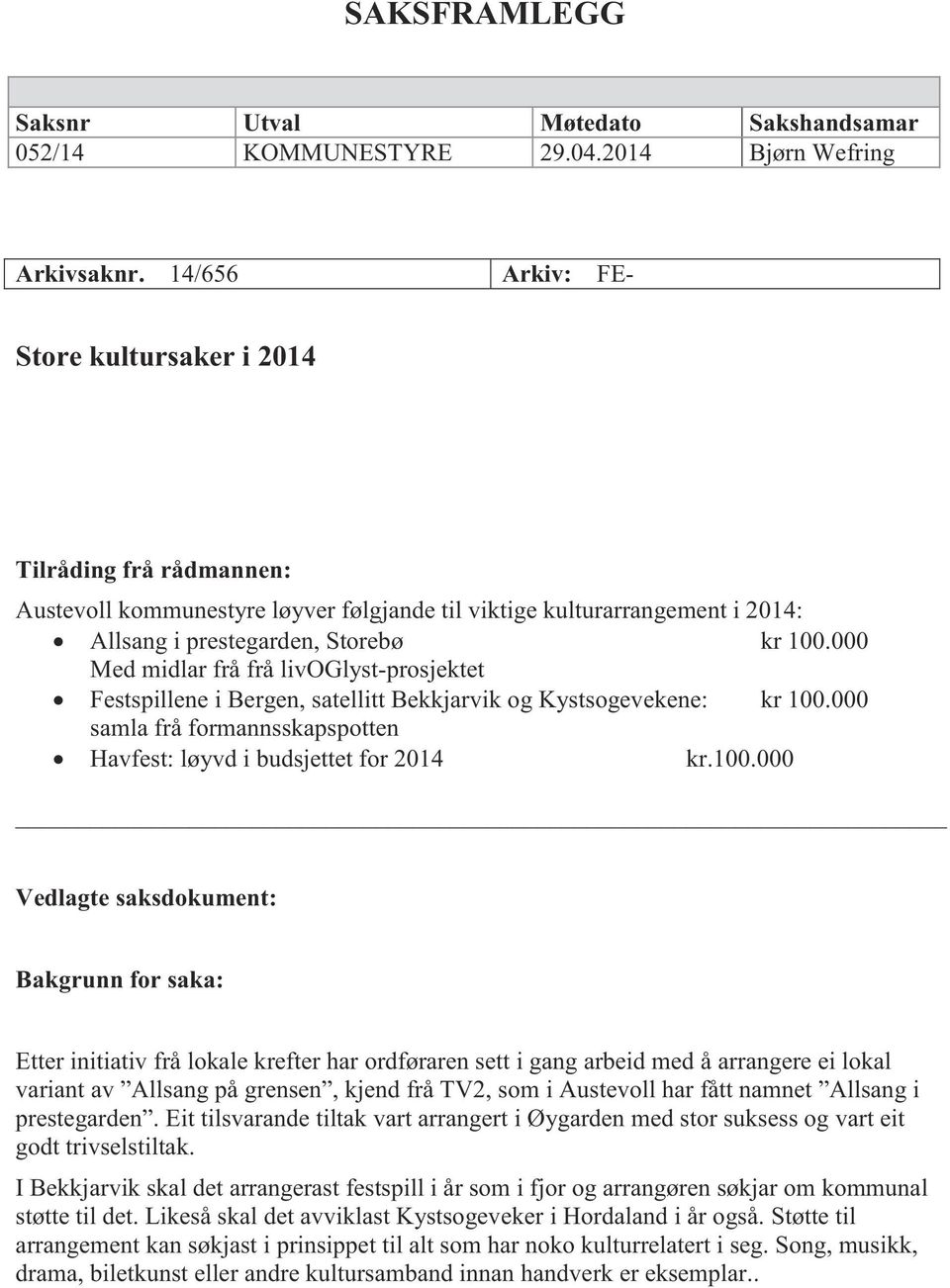 000 Med midlar frå frå livoglyst-prosjektet Festspillene i Bergen, satellitt Bekkjarvik og Kystsogevekene: kr 100.