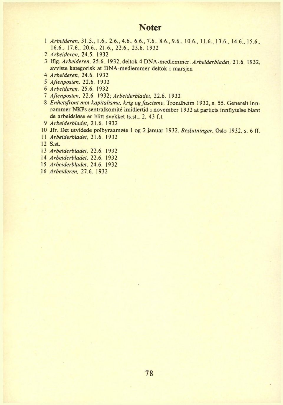 6. 1932 8 Enhetsfront mot kapitalisme, krig og fascism e, Trondheim 1932, s. 55.