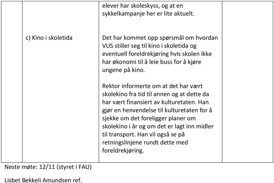 leie buss for å kjøre ungene på kino. Rektor informerte om at det har vært skolekino fra tid til annen og at dette da har vært finansiert av kulturetaten.