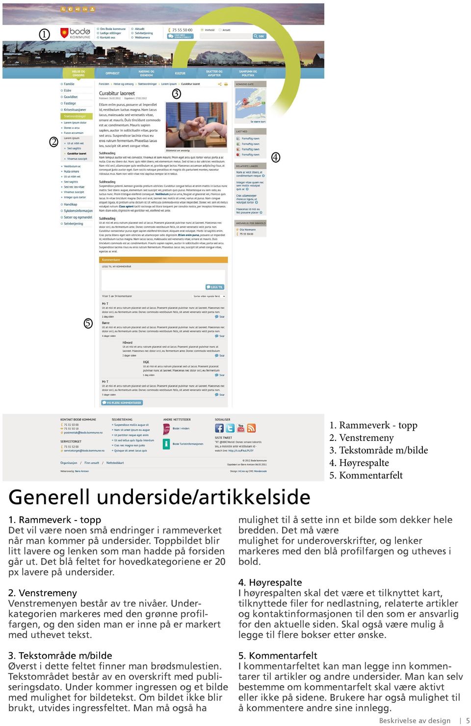 Underkategorien markeres med den grønne profilfargen, og den siden man er inne på er markert med uthevet tekst. 1. Rammeverk - topp 2. Venstremeny 3. Tekstområde m/bilde 4. Høyrespalte 5.