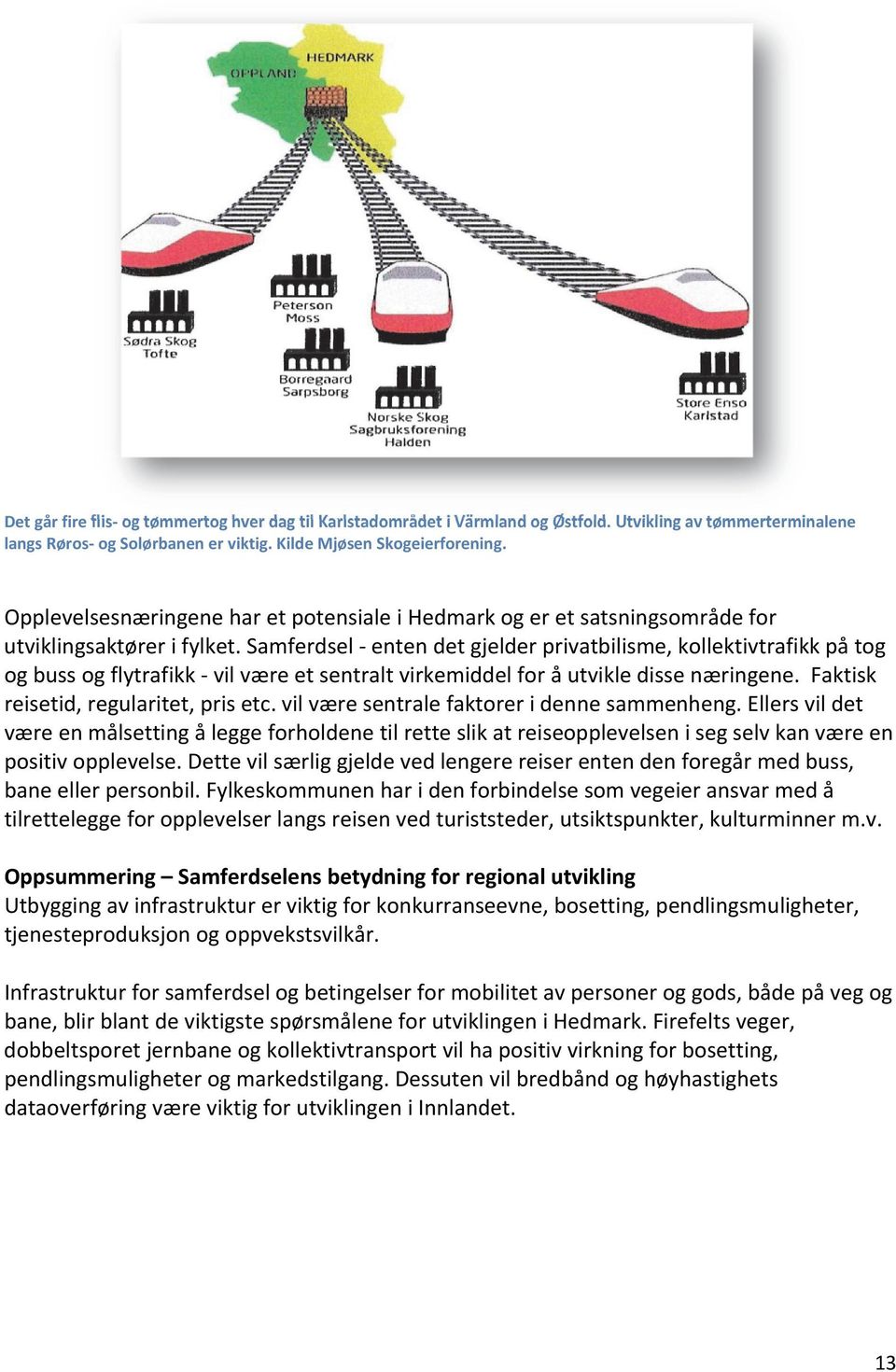 Samferdsel enten det gjelder privatbilisme, kollektivtrafikk på tog og buss og flytrafikk vil være et sentralt virkemiddel for å utvikle disse næringene. Faktisk reisetid, regularitet, pris etc.