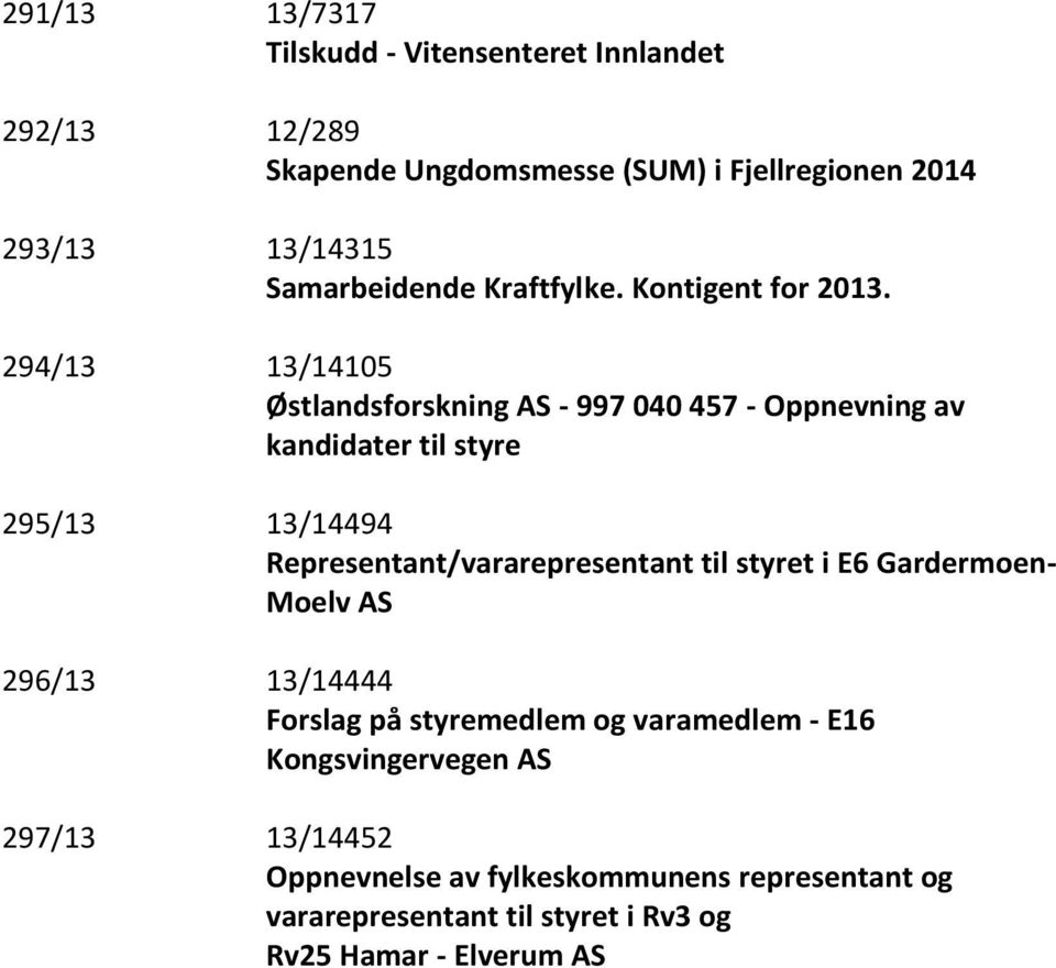 294/13 13/14105 Østlandsforskning AS - 997 040 457 - Oppnevning av kandidater til styre 295/13 13/14494 Representant/vararepresentant