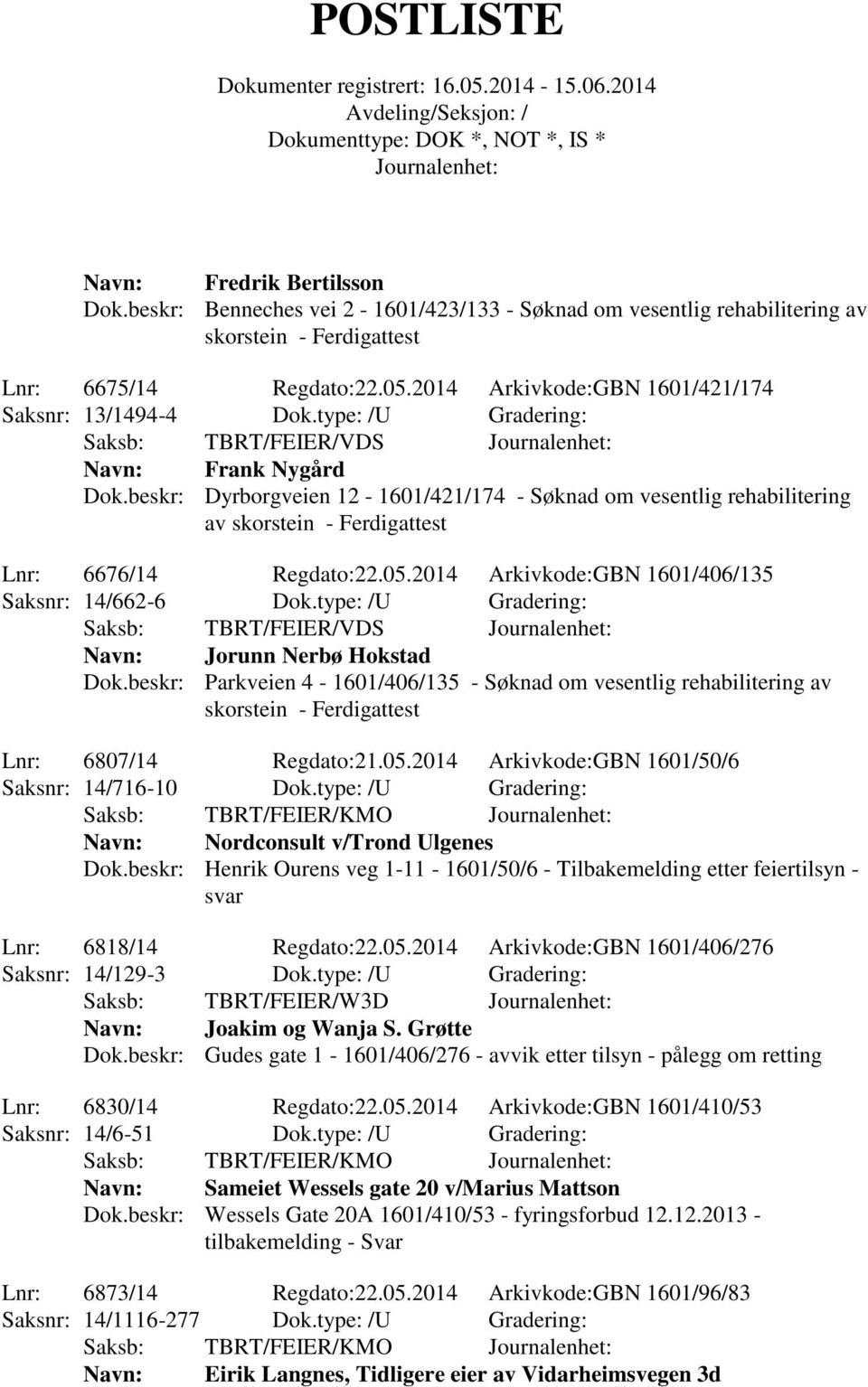 beskr: Dyrborgveien 12-1601/421/174 - Søknad om vesentlig rehabilitering av skorstein - Ferdigattest Lnr: 6676/14 Regdato:22.05.2014 Arkivkode:GBN 1601/406/135 Saksnr: 14/662-6 Dok.