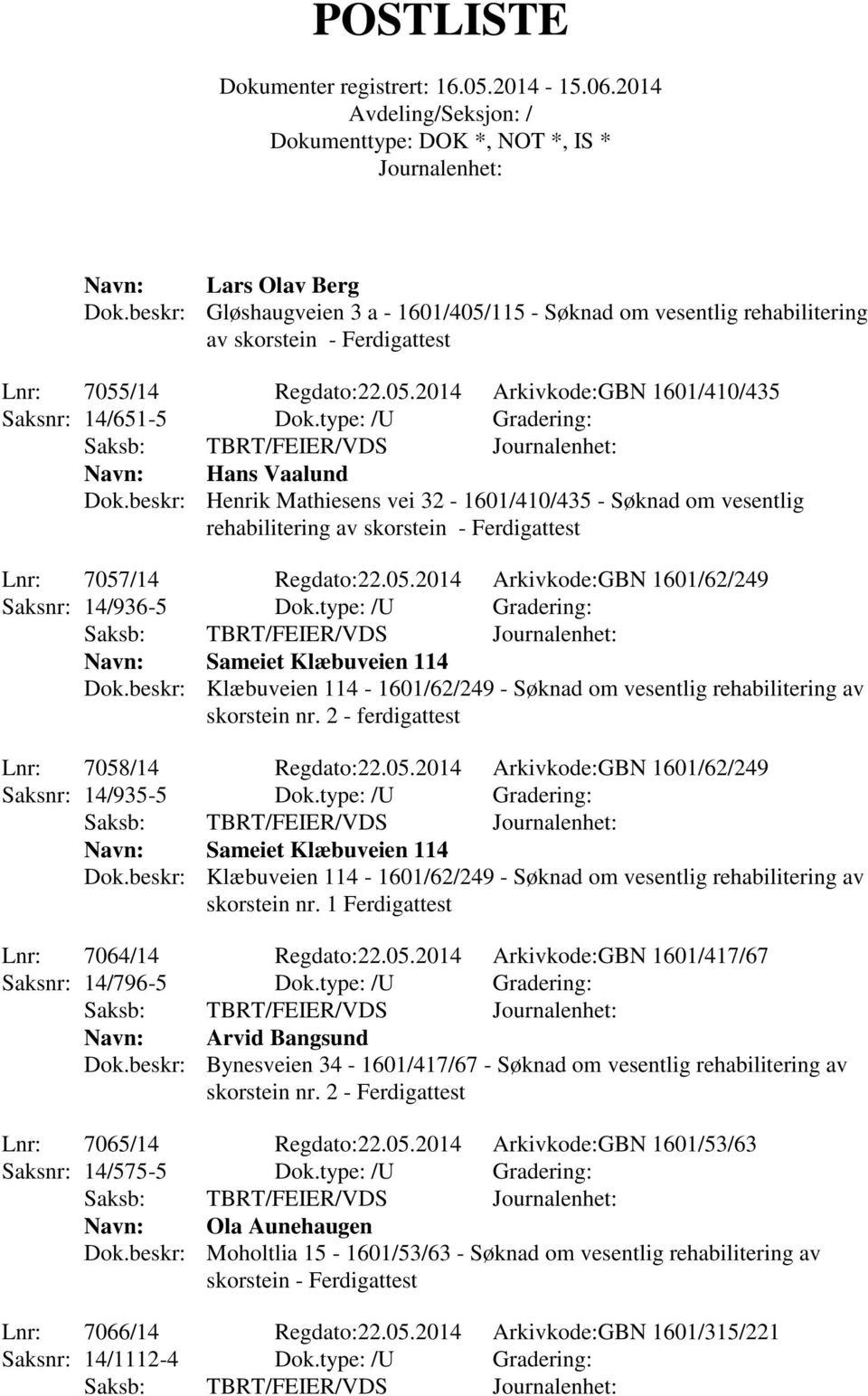 /14 Regdato:22.05.2014 Arkivkode:GBN 1601/62/249 Saksnr: 14/936-5 Dok.type: /U Gradering: Saksb: TBRT/FEIER/VDS Sameiet Klæbuveien 114 Dok.