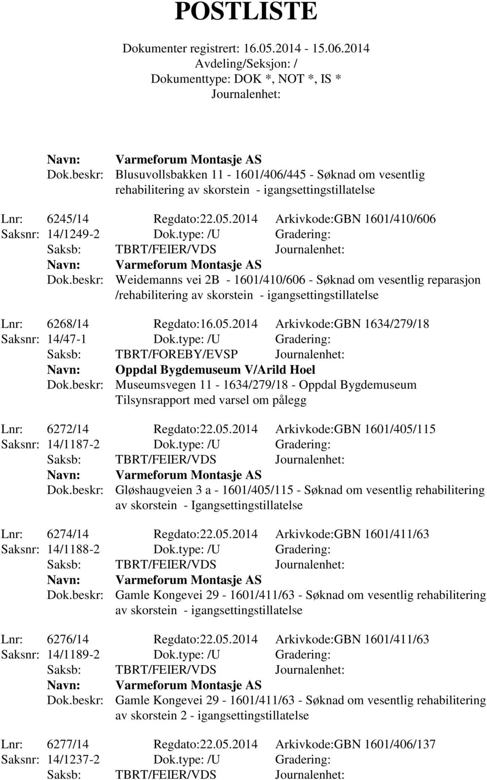 beskr: Weidemanns vei 2B - 1601/410/606 - Søknad om vesentlig reparasjon /rehabilitering av skorstein - igangsettingstillatelse Lnr: 6268/14 Regdato:16.05.