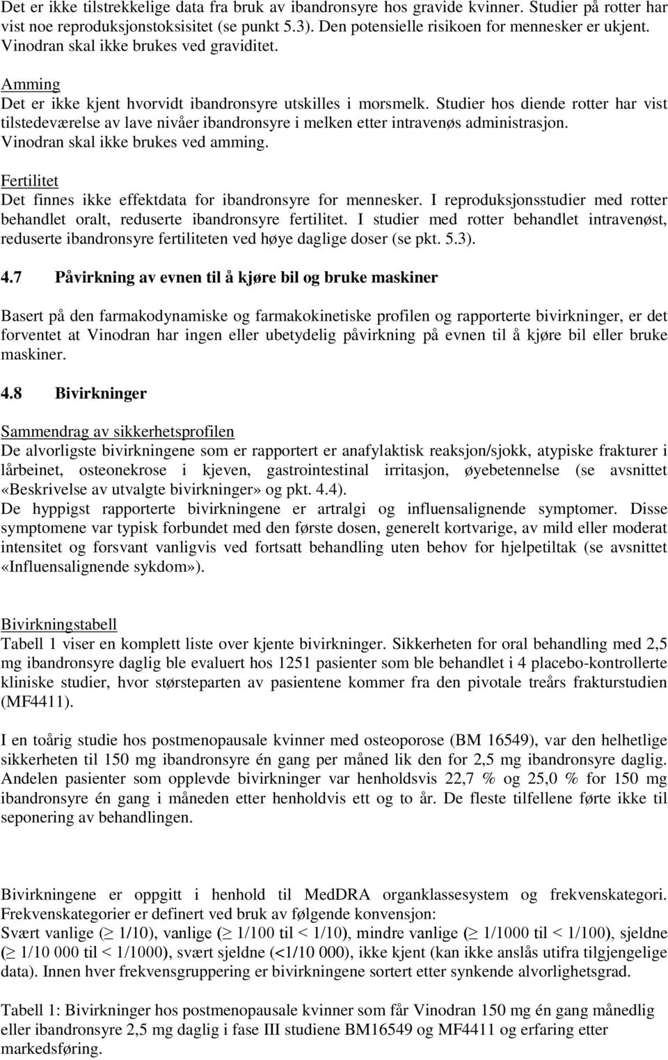 Studier hos diende rotter har vist tilstedeværelse av lave nivåer ibandronsyre i melken etter intravenøs administrasjon. Vinodran skal ikke brukes ved amming.