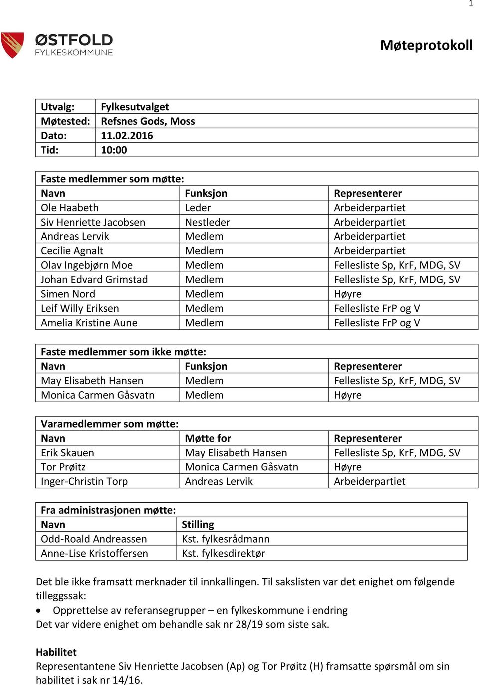 Agnalt Medlem Arbeiderpartiet Olav Ingebjørn Moe Medlem Fellesliste Sp, KrF, MDG, SV Johan Edvard Grimstad Medlem Fellesliste Sp, KrF, MDG, SV Simen Nord Medlem Høyre Leif Willy Eriksen Medlem