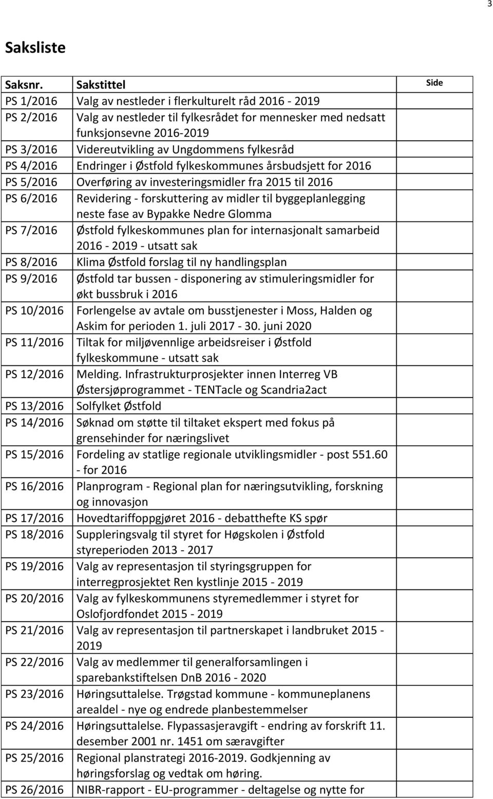 Ungdommens fylkesråd PS 4/2016 Endringer i Østfold fylkeskommunes årsbudsjett for 2016 PS 5/2016 Overføring av investeringsmidler fra 2015 til 2016 PS 6/2016 Revidering - forskuttering av midler til