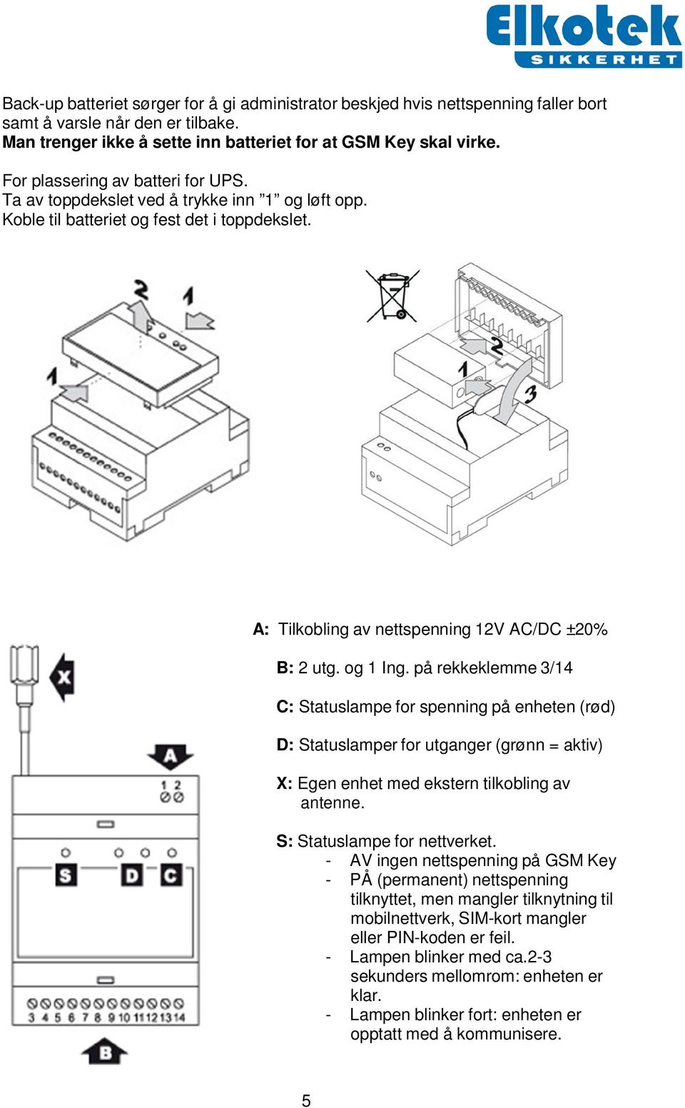 på rekkeklemme 3/14 C: Statuslampe for spenning på enheten (rød) D: Statuslamper for utganger (grønn = aktiv) X: Egen enhet med ekstern tilkobling av antenne. S: Statuslampe for nettverket.
