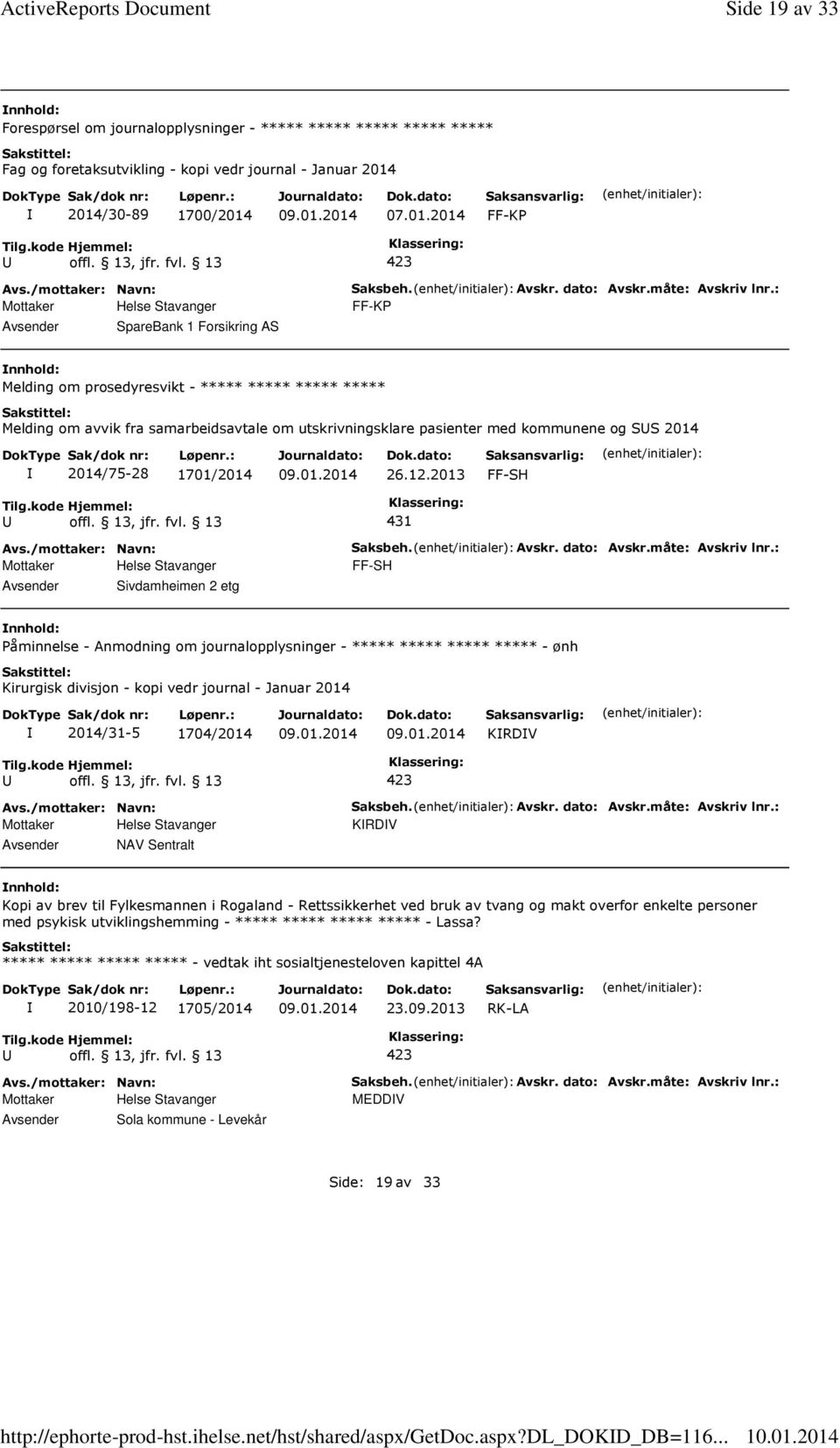 : Melding om prosedyresvikt - ***** ***** ***** ***** Melding om avvik fra samarbeidsavtale om utskrivningsklare pasienter med kommunene og SS 2014 2014/75-28 1701/2014 26.12.