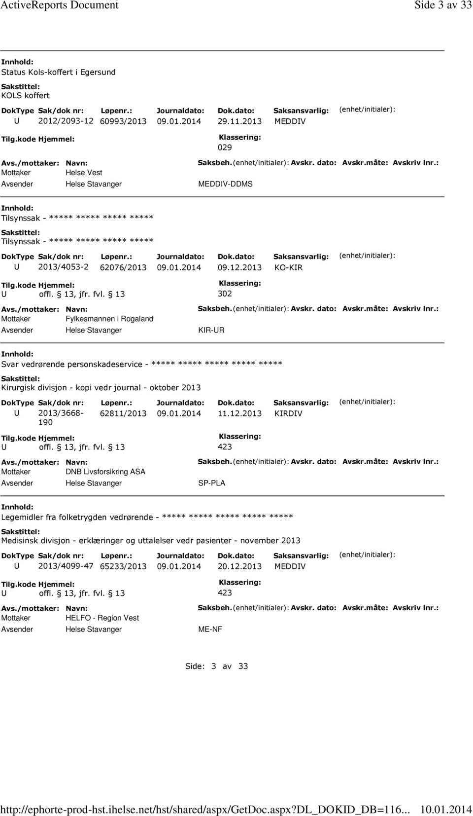 2013 KO-KR 302 Mottaker Fylkesmannen i Rogaland Helse Stavanger Saksbeh. Avskr. dato: Avskr.måte: Avskriv lnr.