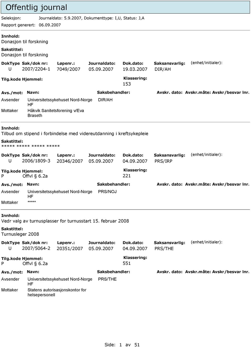 2007 DR/AH 153 Håkvik Sanitetsforening v/eva Braseth DR/AH nnhold: Tilbud om stipend i forbindelse med videreutdanning i kreftsykepleie