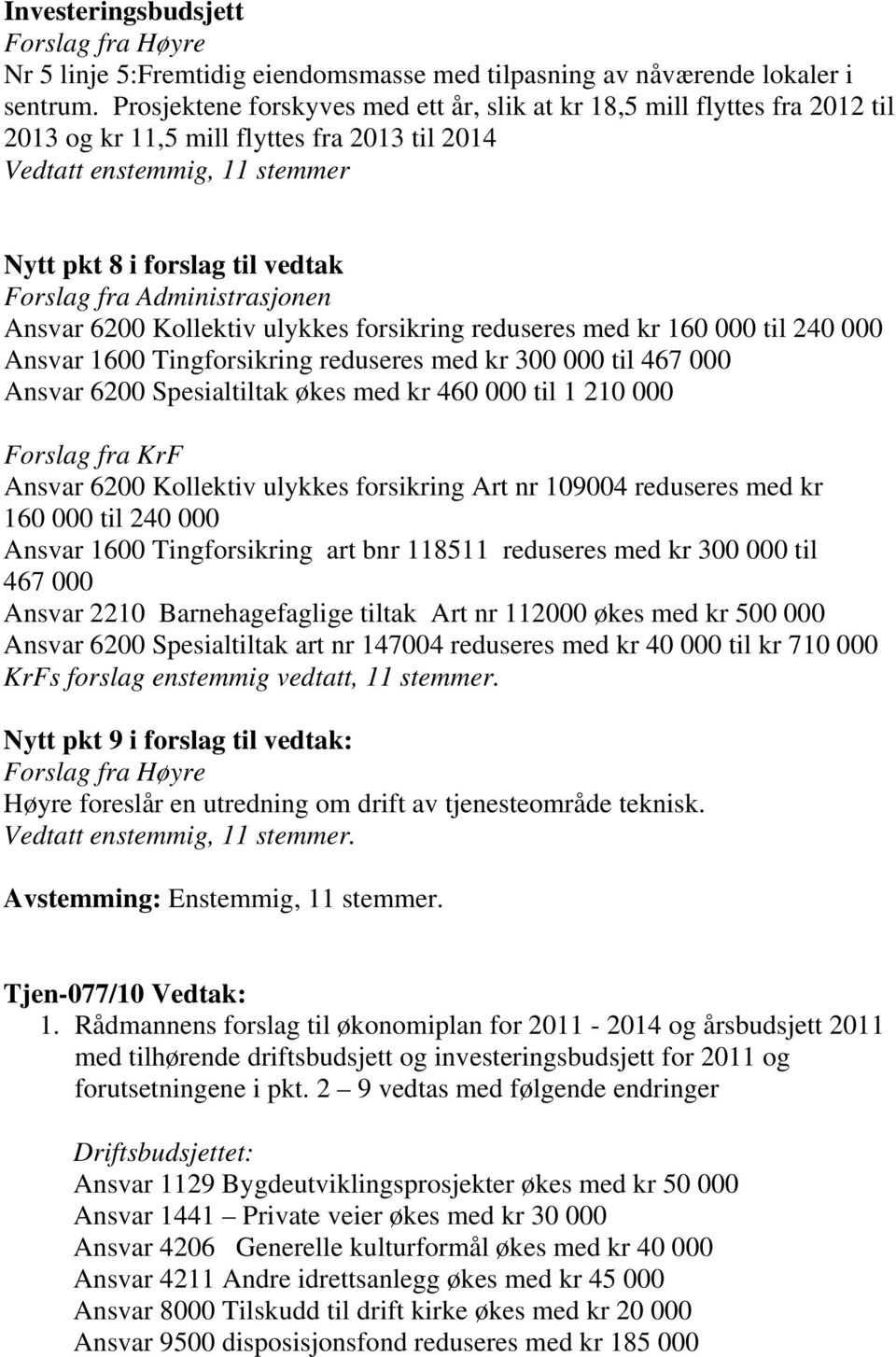 Administrasjonen Ansvar 6200 Kollektiv ulykkes forsikring reduseres med kr 160 000 til 240 000 Ansvar 1600 Tingforsikring reduseres med kr 300 000 til 467 000 Ansvar 6200 Spesialtiltak økes med kr