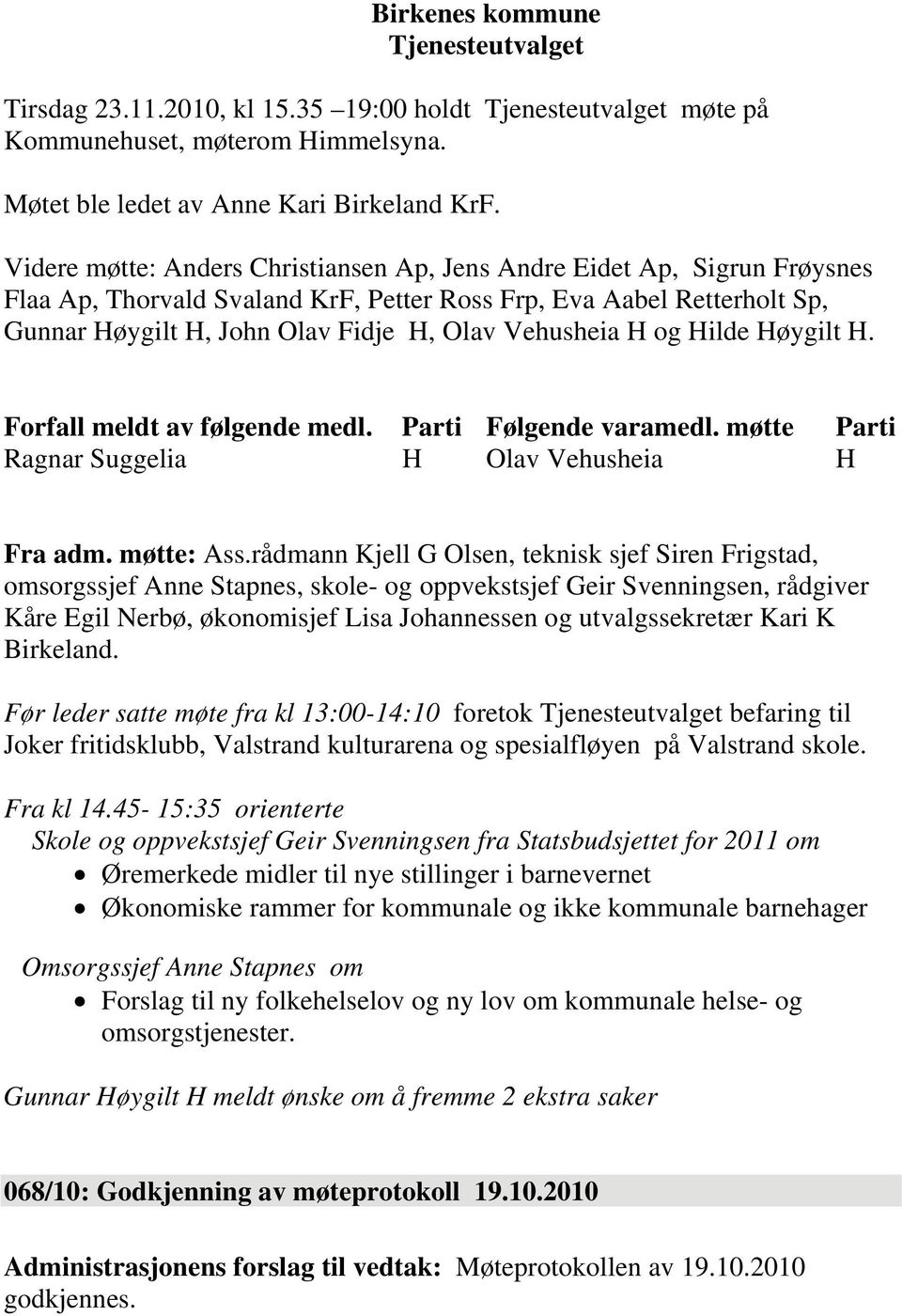 H og Hilde Høygilt H. Forfall meldt av følgende medl. Parti Følgende varamedl. møtte Parti Ragnar Suggelia H Olav Vehusheia H Fra adm. møtte: Ass.