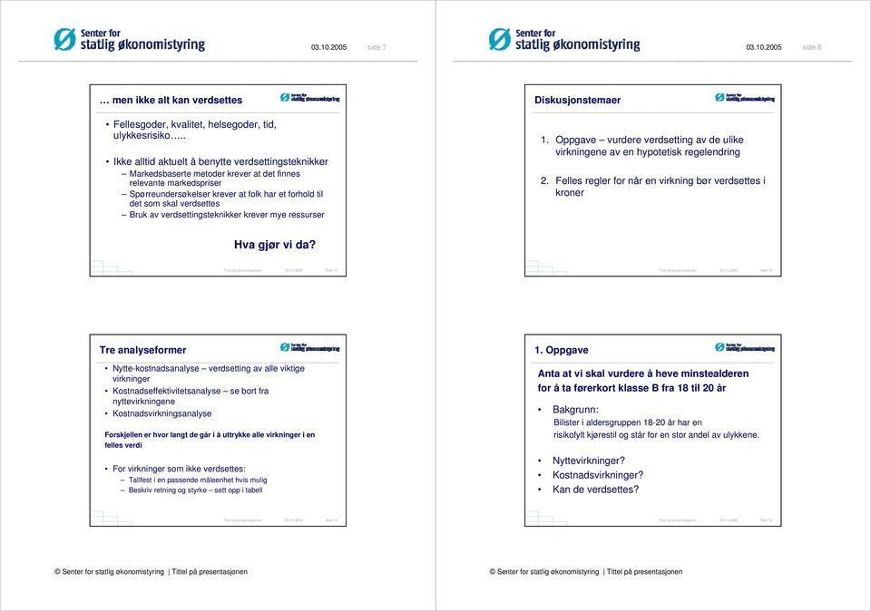 Bruk av verdsettingsteknikker krever mye ressurser Diskusjonstemaer 1. Oppgave vurdere verdsetting av de ulike virkningene av en hypotetisk regelendring 2.