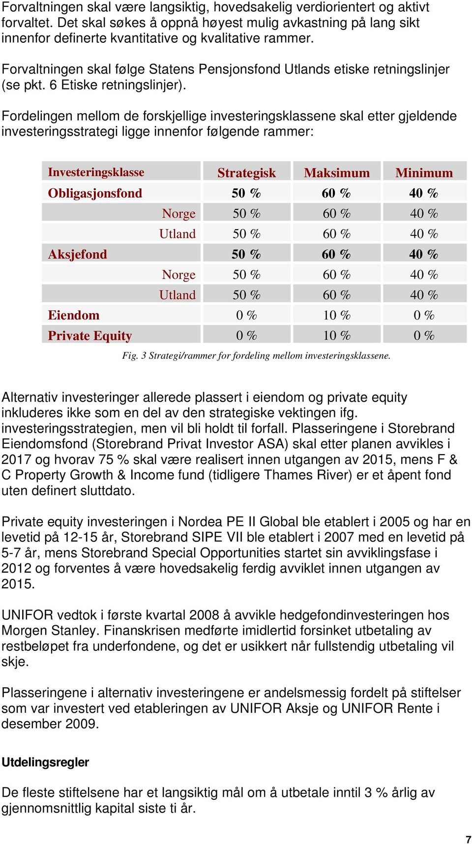 Fordelingen mellom de forskjellige investeringsklassene skal etter gjeldende investeringsstrategi ligge innenfor følgende rammer: Investeringsklasse Strategisk Maksimum Minimum Obligasjonsfond 50 %