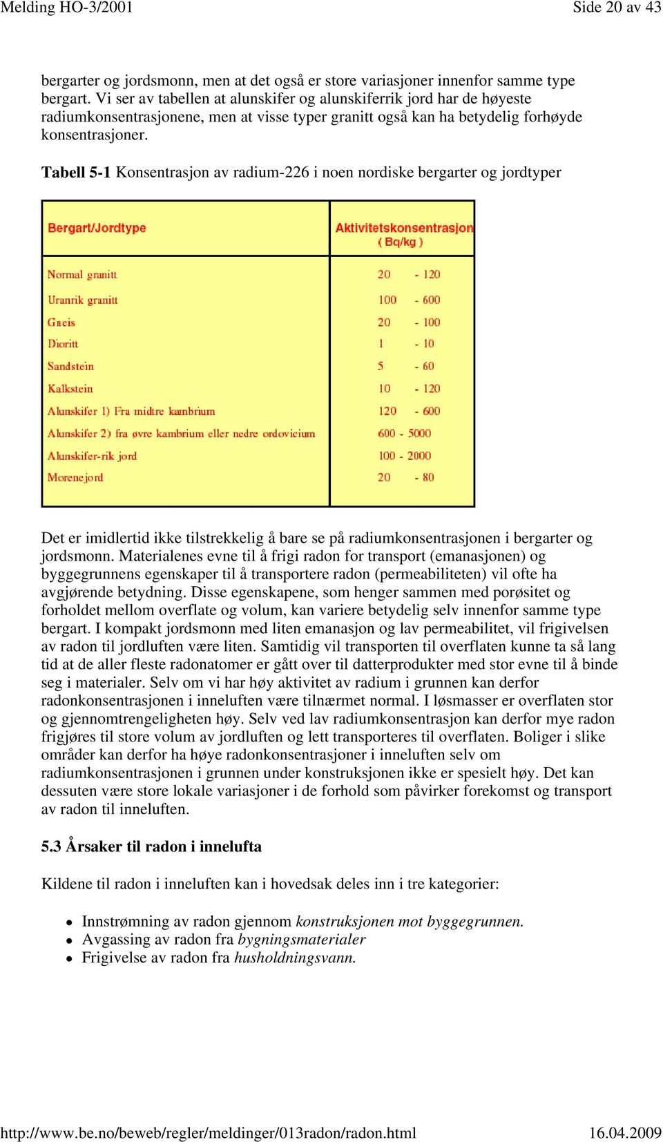 Tabell 5-1 Konsentrasjon av radium-226 i noen nordiske bergarter og jordtyper Det er imidlertid ikke tilstrekkelig å bare se på radiumkonsentrasjonen i bergarter og jordsmonn.