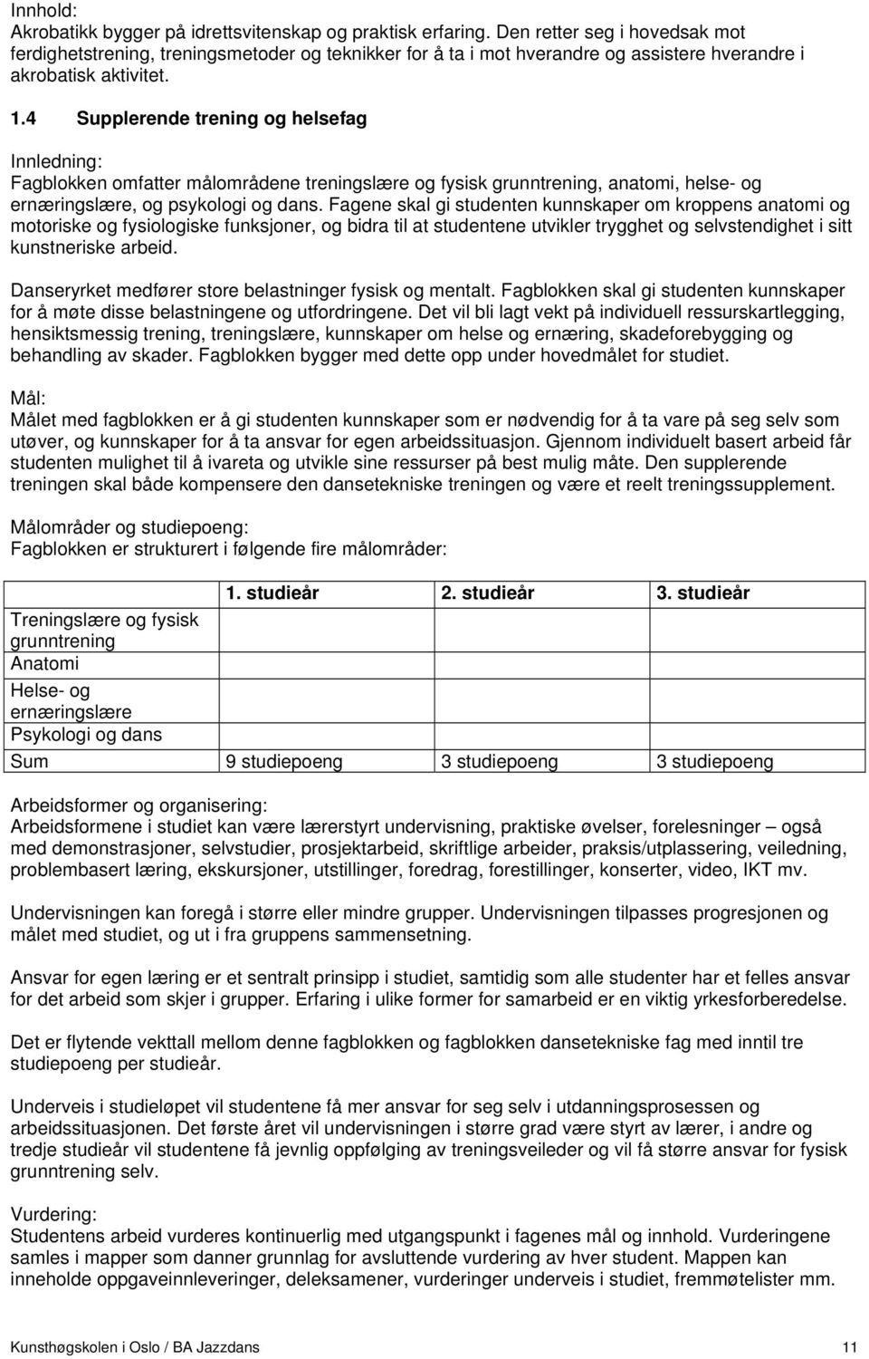 4 Supplerende trening og helsefag Fagblokken omfatter målområdene treningslære og fysisk grunntrening, anatomi, helse- og ernæringslære, og psykologi og dans.