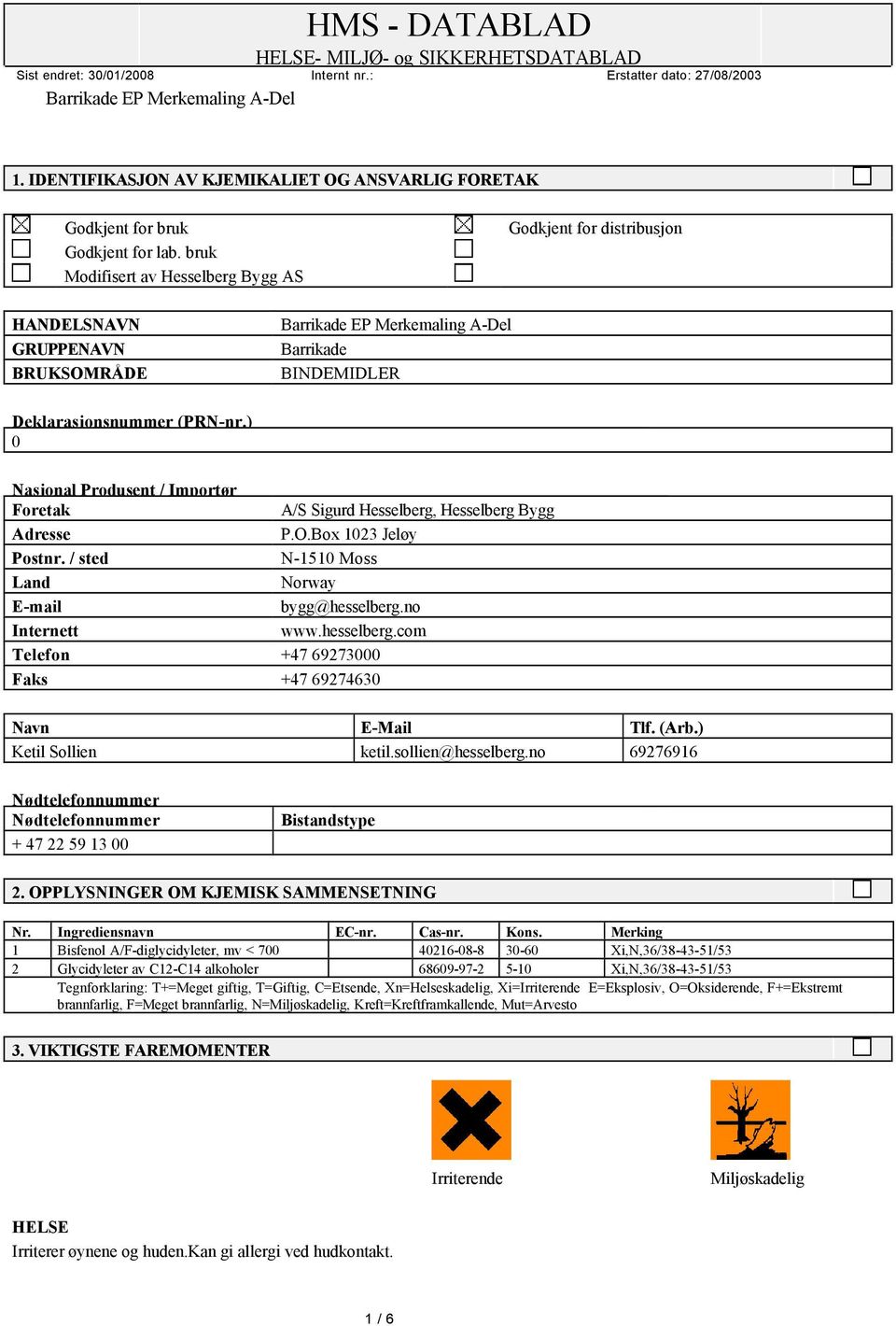 ) 0 Nasjonal Produsent / Importør Foretak A/S Sigurd Hesselberg, Hesselberg Bygg Adresse P.O.Box 1023 Jeløy Postnr. / sted N-1510 Moss Land Norway E-mail bygg@hesselberg.