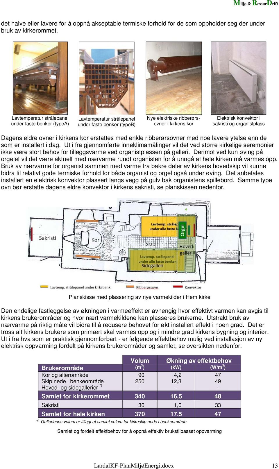 Dagens eldre ovner i kirkens kor erstattes med enkle ribberørsovner med noe lavere ytelse enn de som er installert i dag.