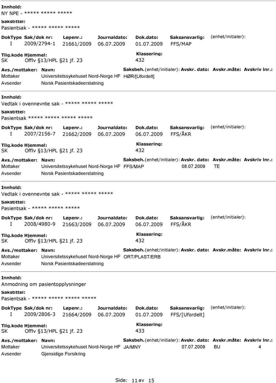 måte: Avskriv lnr.: Mottaker niversitetssykehuset Nord-Norge HF nnhold: Vedtak i ovennevnte sak - ***** ***** ***** 2008/4980-9 21663/2009 Avs./mottaker: Navn: Saksbeh. Avskr. dato: Avskr.