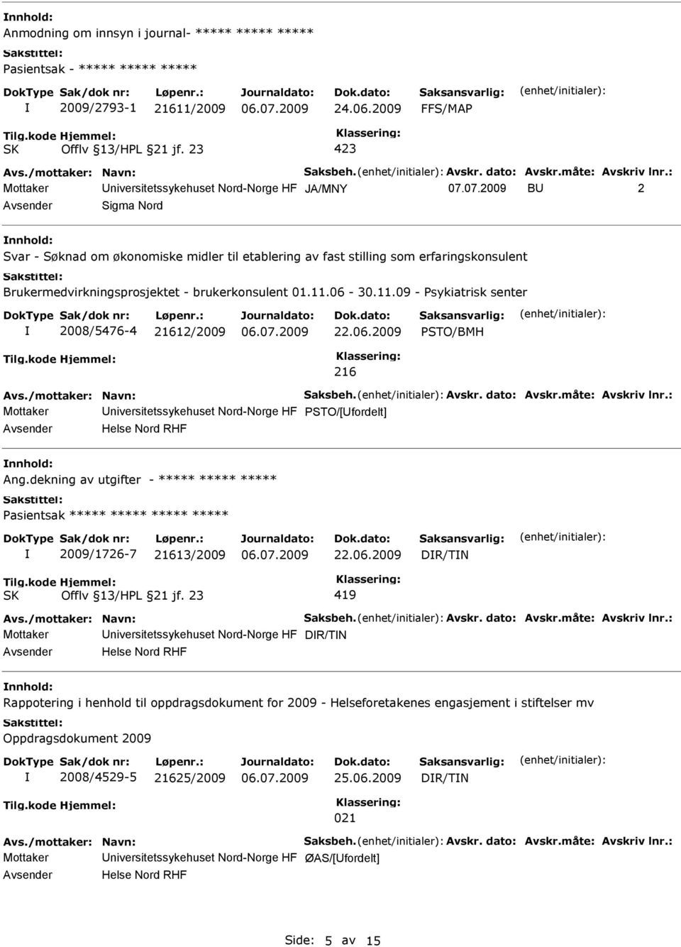 07.2009 B 2 Avsender Sigma Nord nnhold: Svar - Søknad om økonomiske midler til etablering av fast stilling som erfaringskonsulent Brukermedvirkningsprosjektet - brukerkonsulent 01.11.