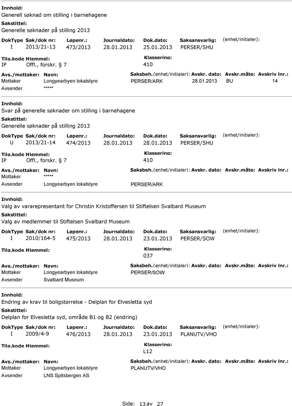 måte: Avskriv lnr.: PERSER/ARK Valg av vararepresentant for Christin Kristoffersen til Stiftelsen Svalbard Museum Valg av medlemmer til Stiftelsen Svalbard Museum 2010/164-5 475/2013 23.01.2013 PERSER/SOW 037 Avs.