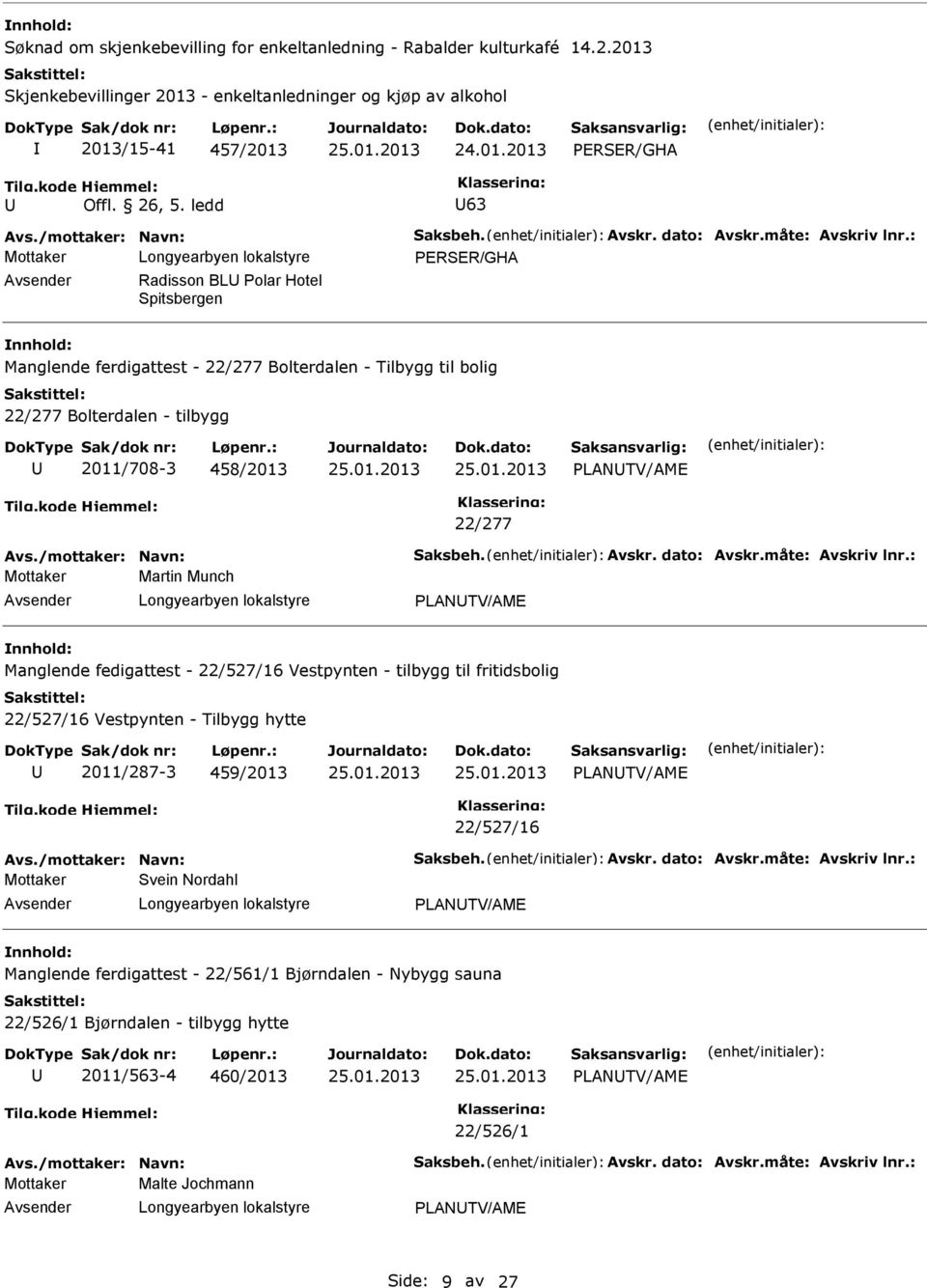 : PERSER/GHA Radisson BL Polar Hotel Spitsbergen Manglende ferdigattest - 22/277 Bolterdalen - Tilbygg til bolig 22/277 Bolterdalen - tilbygg 2011/708-3 458/2013 PLANTV/AME 22/277 Avs.