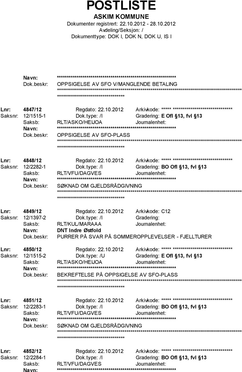 type: /I Gradering: BO Ofl 13, fvl 13 Saksb: RLT/VFU/DAGVES Journalenhet: ************************** SØKNAD OM GJELDSRÅDGIVNING Lnr: 4849/12 Regdato: 22.10.2012 Arkivkode: C12 Saksnr: 12/1397-2 Dok.