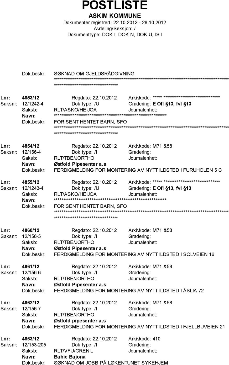 type: /I Gradering: Saksb: RLT/TBE/JORTHO Journalenhet: Østfold Pipesenter a.s FERDIGMELDING FOR MONTERING AV NYTT ILDSTED I FURUHOLEN 5 C Lnr: 4855/12 Regdato: 22.10.