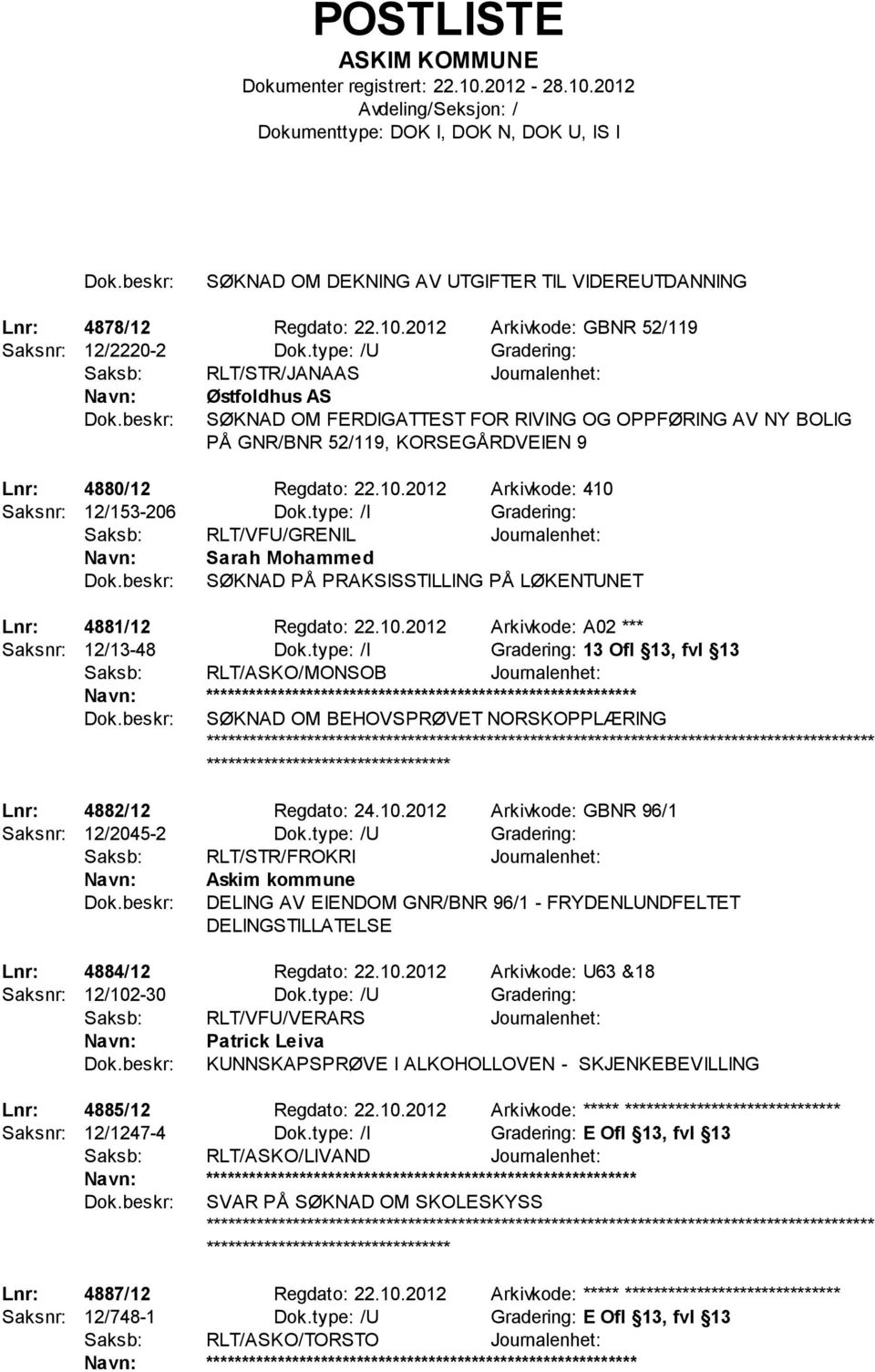 2012 Arkivkode: 410 Saksnr: 12/153-206 Dok.type: /I Gradering: Saksb: RLT/VFU/GRENIL Journalenhet: Sarah Mohammed SØKNAD PÅ PRAKSISSTILLING PÅ LØKENTUNET Lnr: 4881/12 Regdato: 22.10.2012 Arkivkode: A02 *** Saksnr: 12/13-48 Dok.