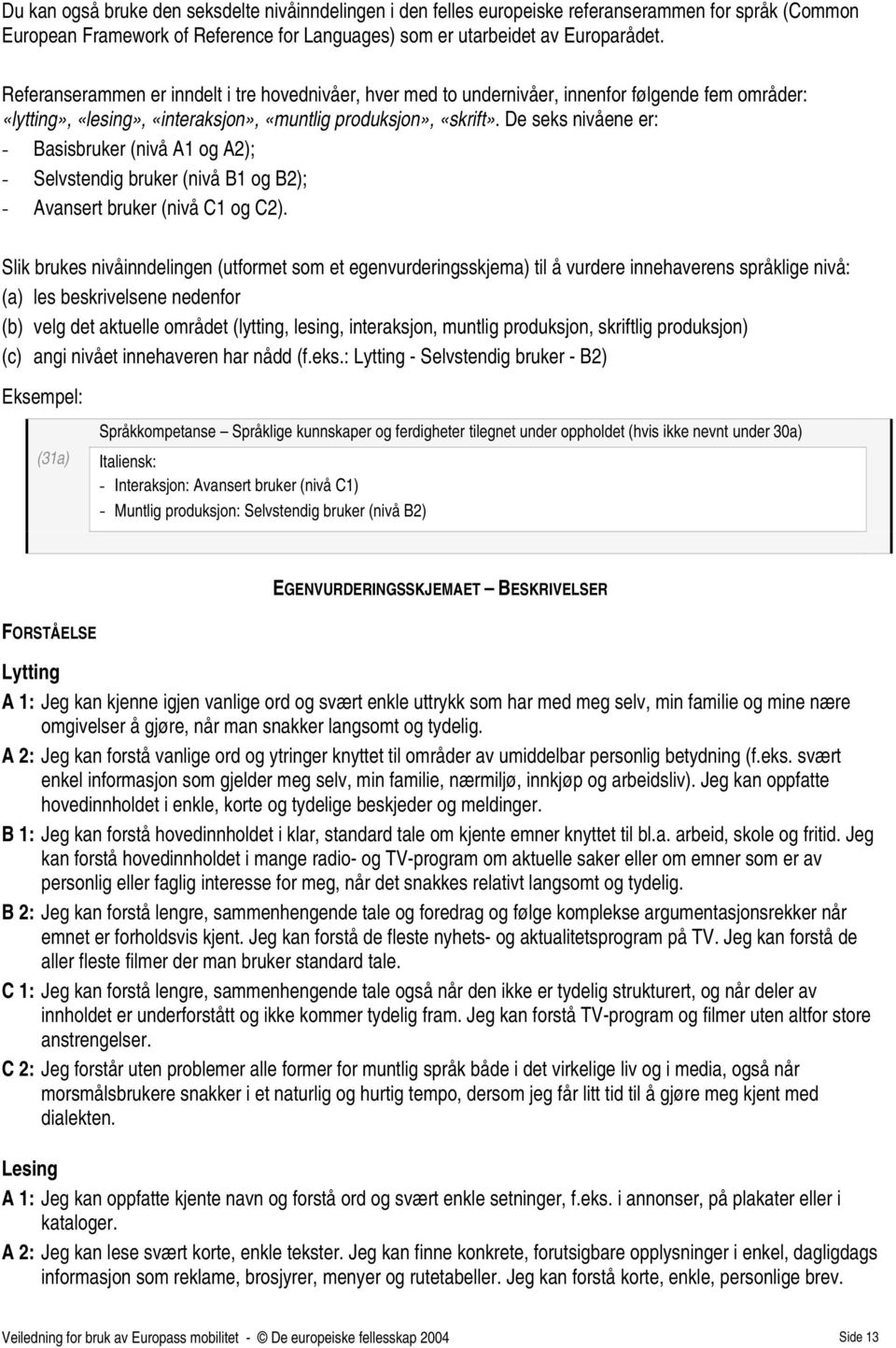 De seks nivåene er: - Basisbruker (nivå A1 og A2); - Selvstendig bruker (nivå B1 og B2); - Avansert bruker (nivå C1 og C2).