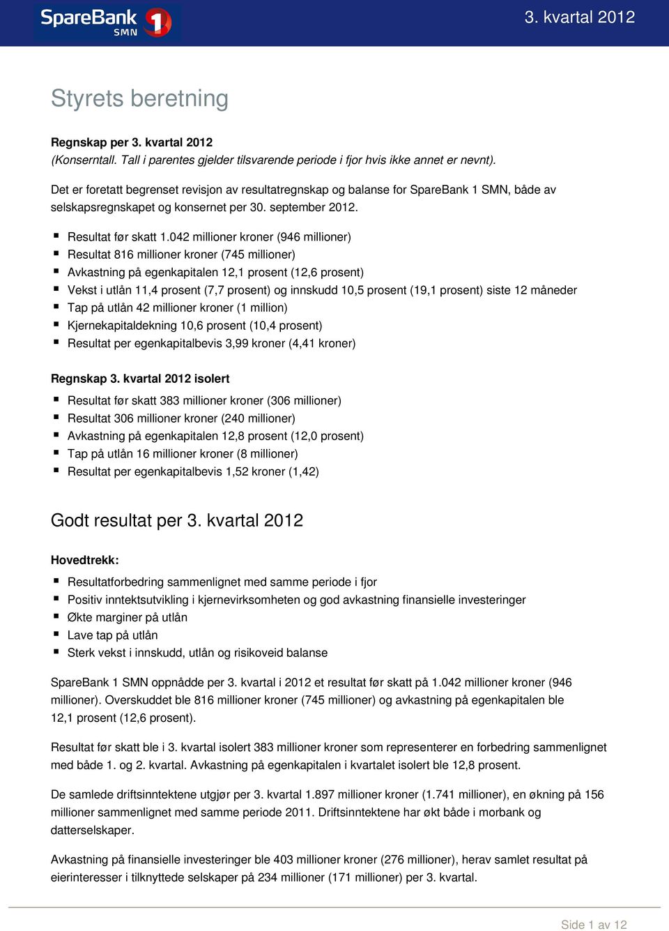 042 millioner kroner (946 millioner) Resultat 816 millioner kroner (745 millioner) Avkastning på egenkapitalen 12,1 prosent (12,6 prosent) Vekst i utlån 11,4 prosent (7,7 prosent) og innskudd 10,5