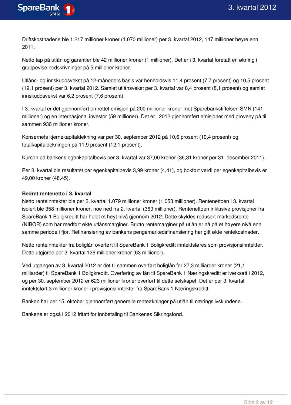 Utlåns- og innskuddsvekst på 12-måneders basis var henholdsvis 11,4 prosent (7,7 prosent) og 10,5 prosent (19,1 prosent) per 3. kvartal 2012. Samlet utlånsvekst per 3.