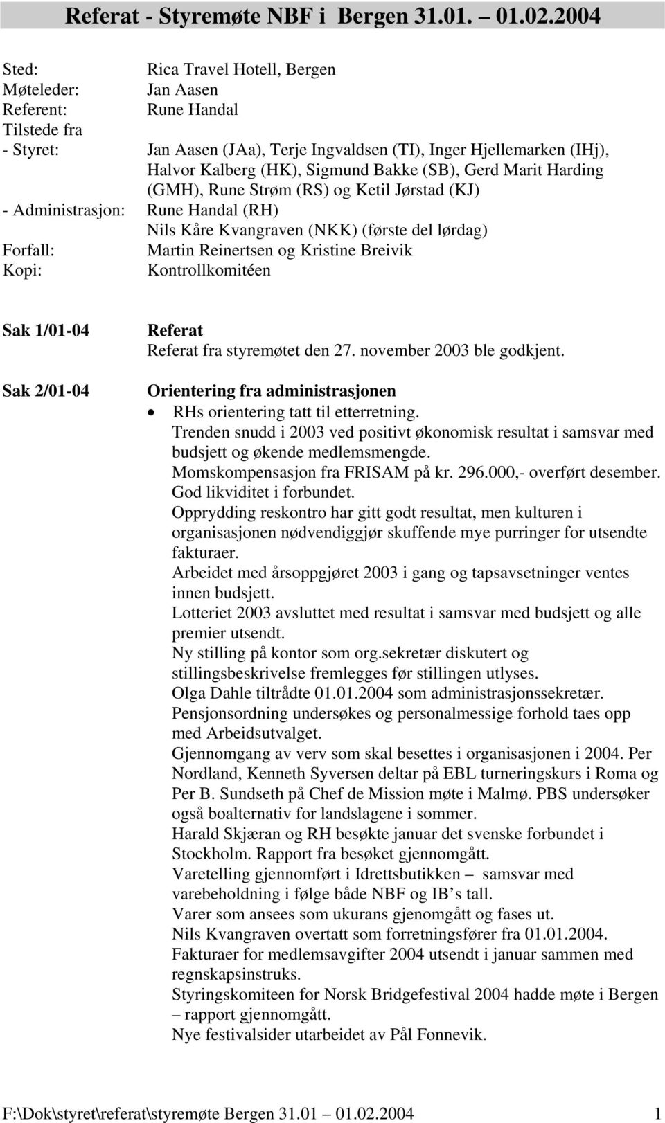 Bakke (SB), Gerd Marit Harding (GMH), Rune Strøm (RS) og Ketil Jørstad (KJ) - Administrasjon: Rune Handal (RH) Nils Kåre Kvangraven (NKK) (første del lørdag) Forfall: Martin Reinertsen og Kristine