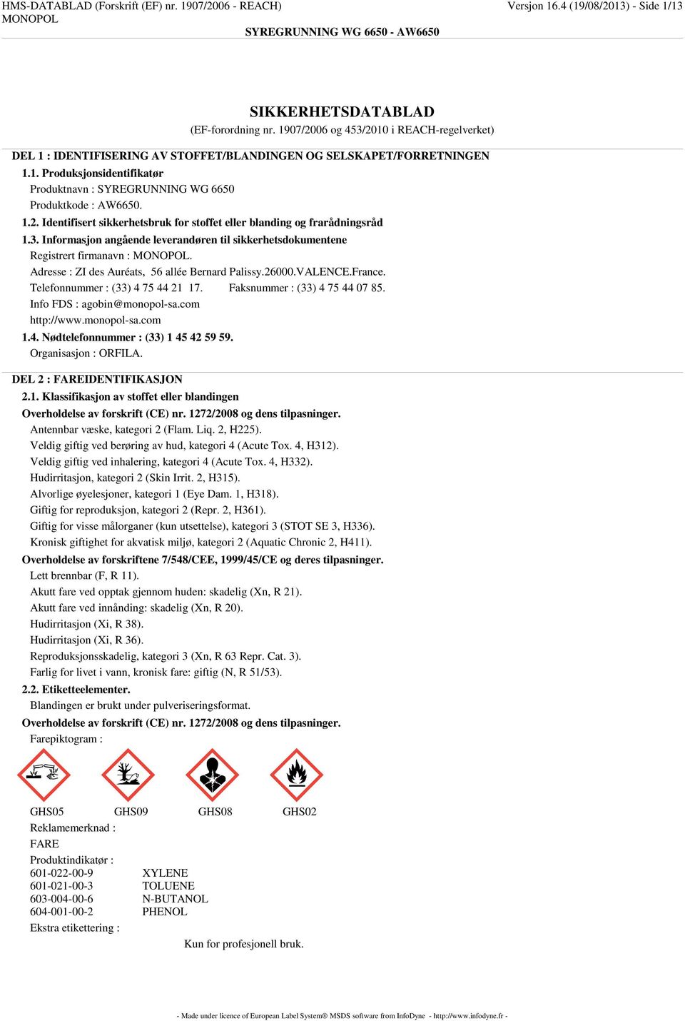 1.2. Identifisert sikkerhetsbruk for stoffet eller blanding og frarådningsråd 1.3. Informasjon angående leverandøren til sikkerhetsdokumentene Registrert firmanavn :.