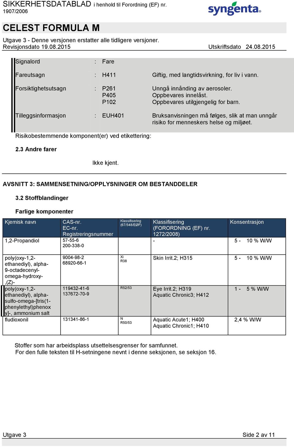 Risikobestemmende komponent(er) ved etikettering: 2.3 Andre farer Ikke kjent. AVSNITT 3: SAMMENSETNING/OPPLYSNINGER OM BESTANDDELER 3.2 Stoffblandinger Farlige komponenter Kjemisk navn CAS-nr. EC-nr.