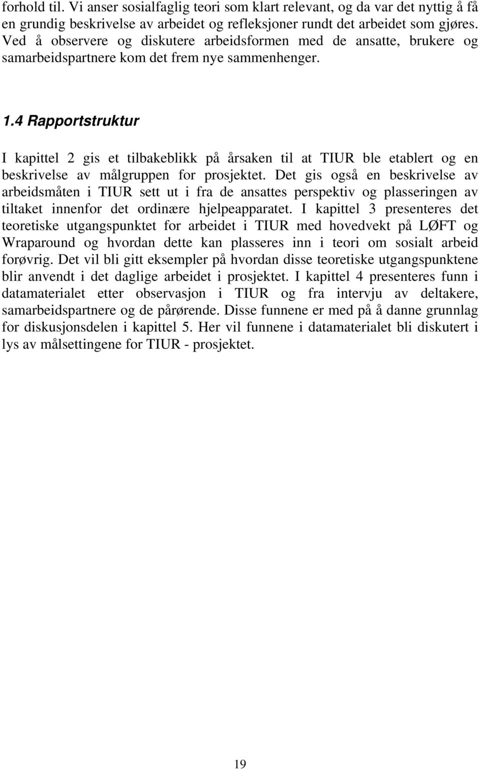 4 Rapportstruktur I kapittel 2 gis et tilbakeblikk på årsaken til at TIUR ble etablert og en beskrivelse av målgruppen for prosjektet.